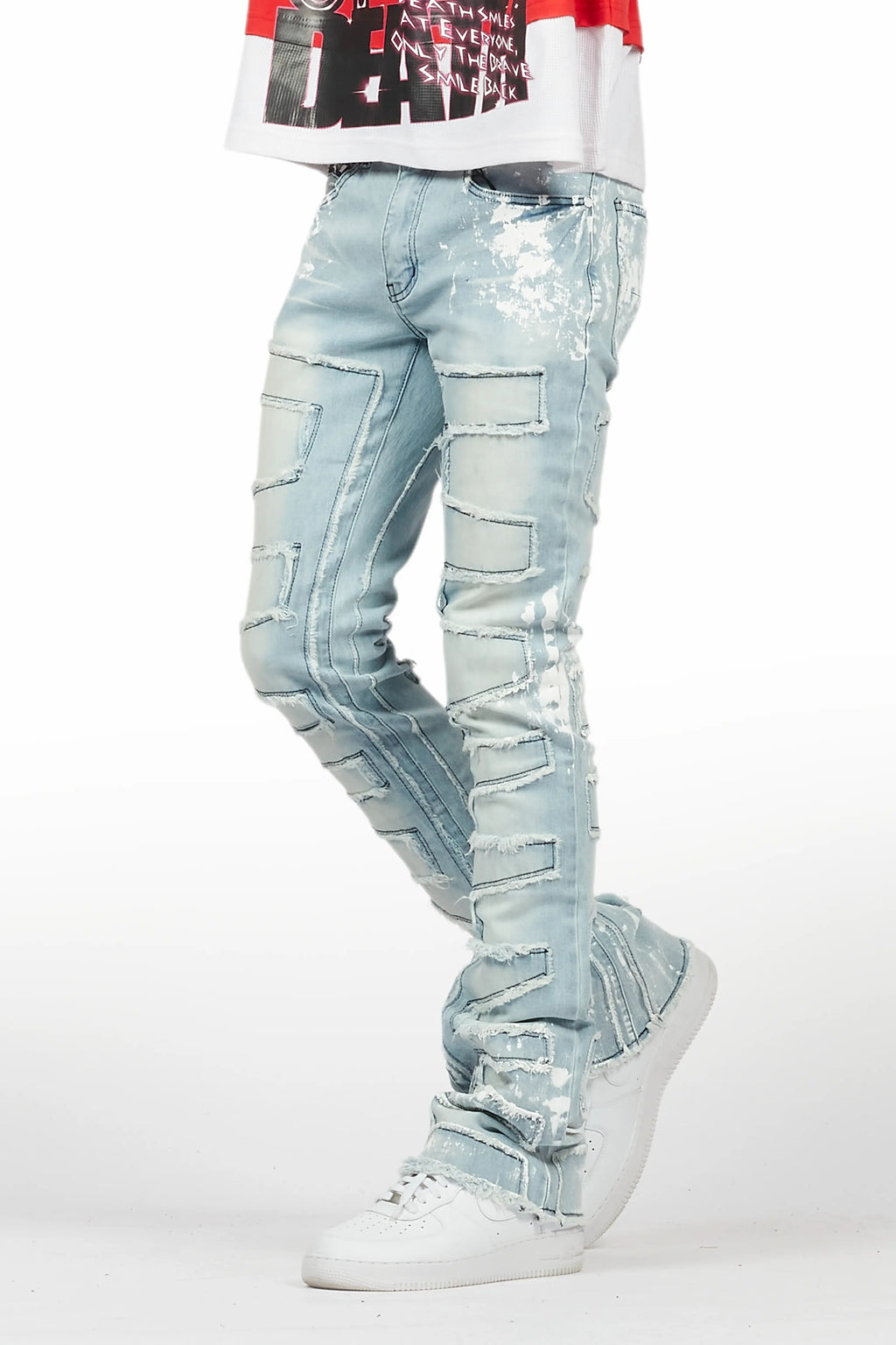 Kodak Blue/White Painter Stacked Flare Fringe Jean
