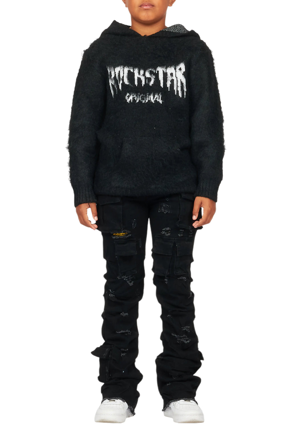 Boys Andros Black Mohair Hoodie/Stacked Flare Jean Set