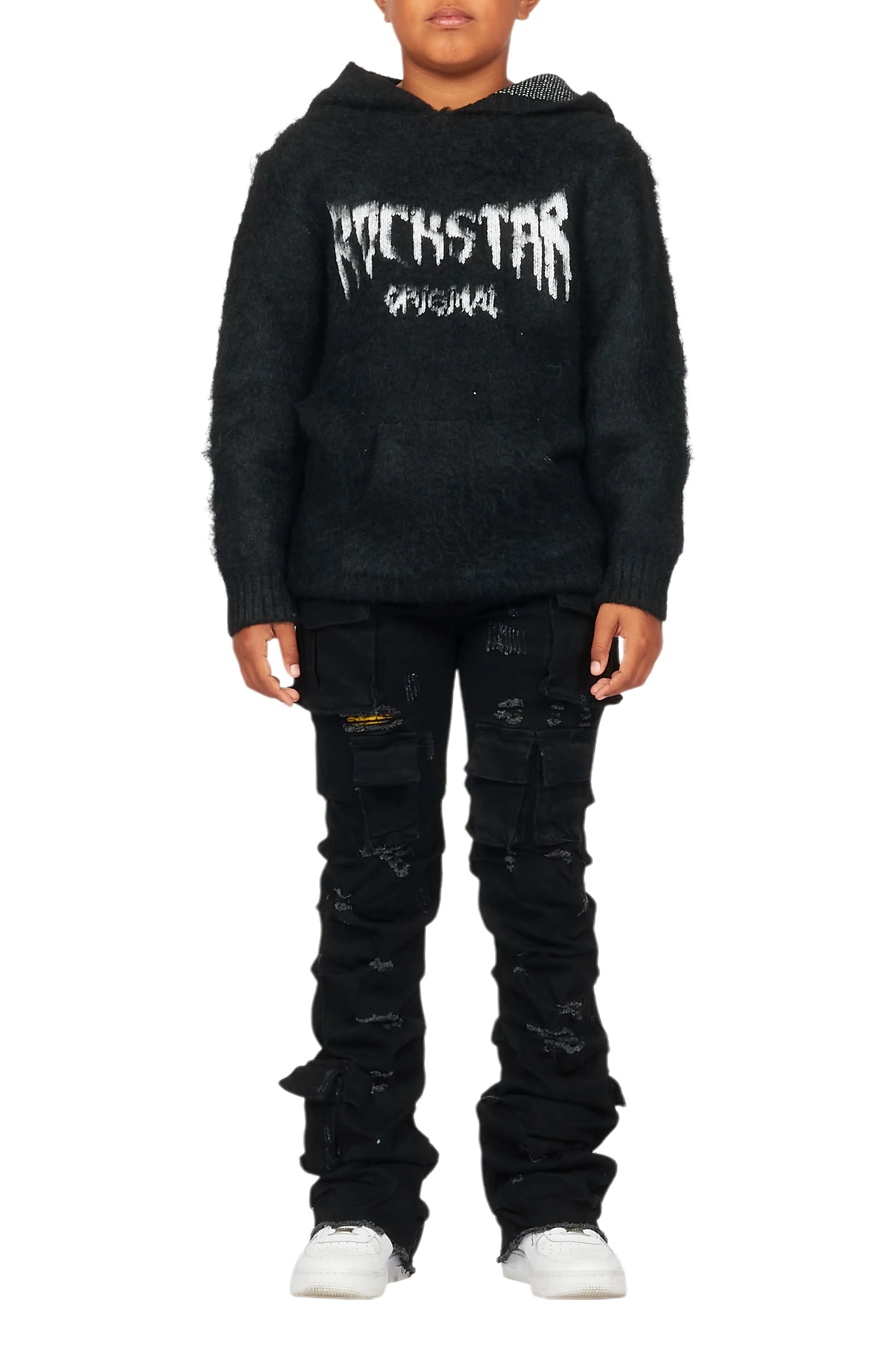 Boys Andros Black Mohair Hoodie/Stacked Flare Jean Set