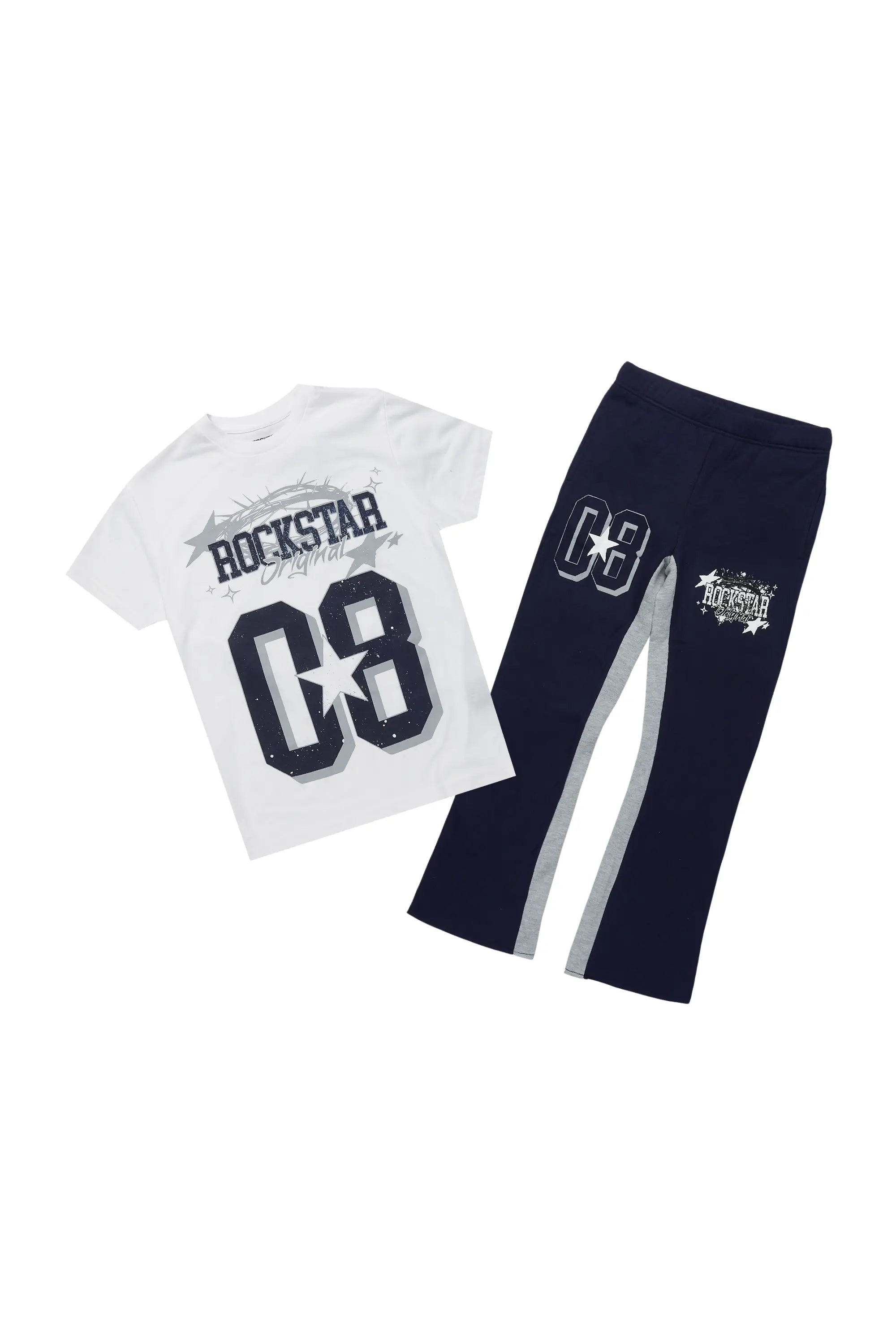 Boys Allstar White/Navy T-Shirt/Stacked Baggy Flare Pant Set