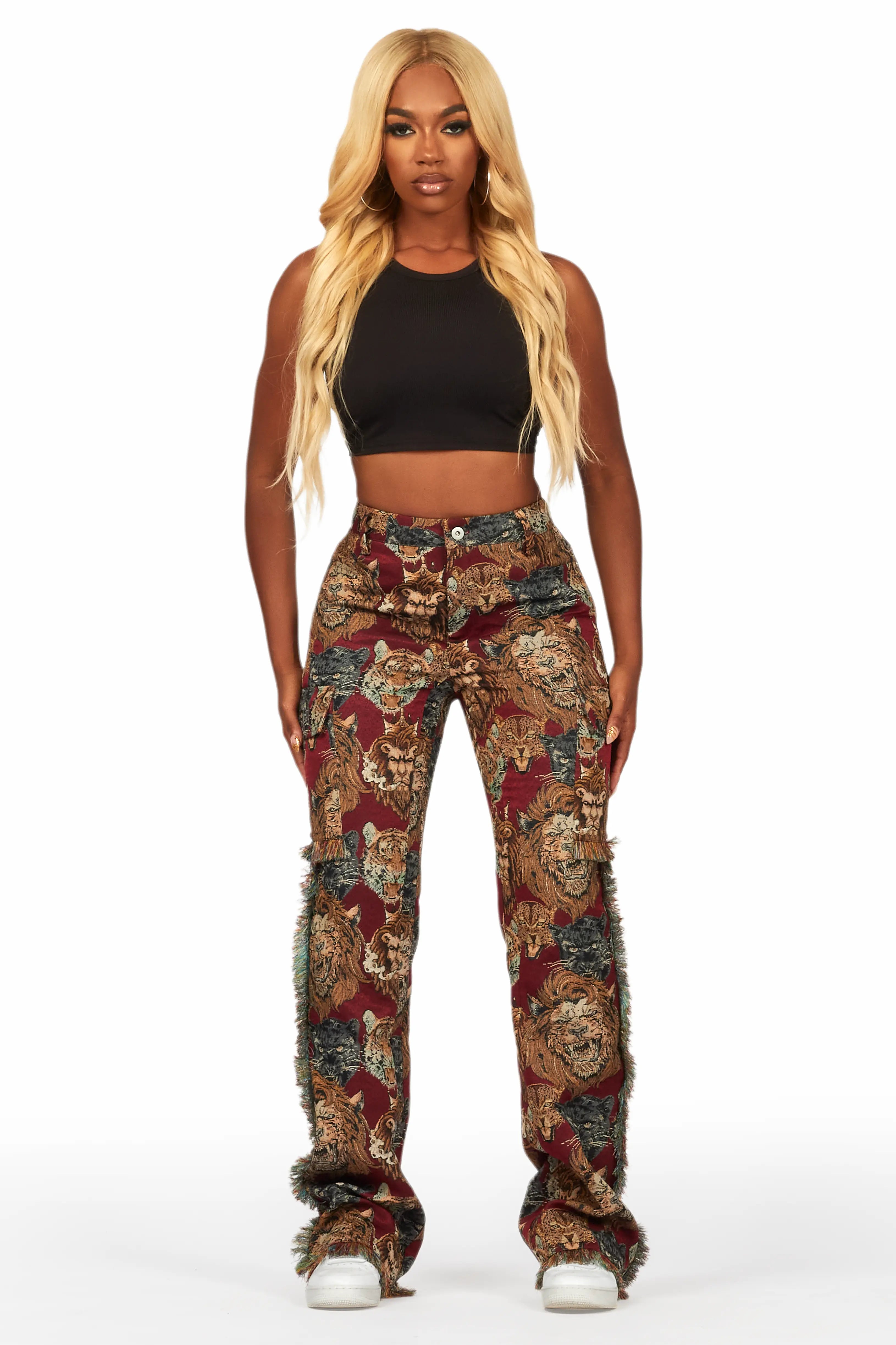 Khadiyah Red Animal Print Tapestry Stacked Pant