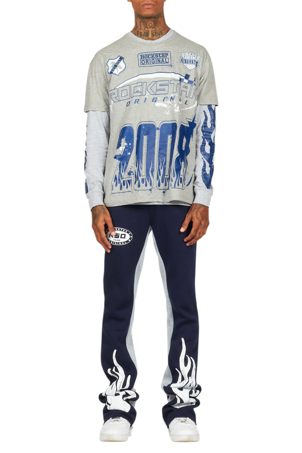 Amos Heather Grey Double Layer T-Shirt/Stacked Baggy Pant Set