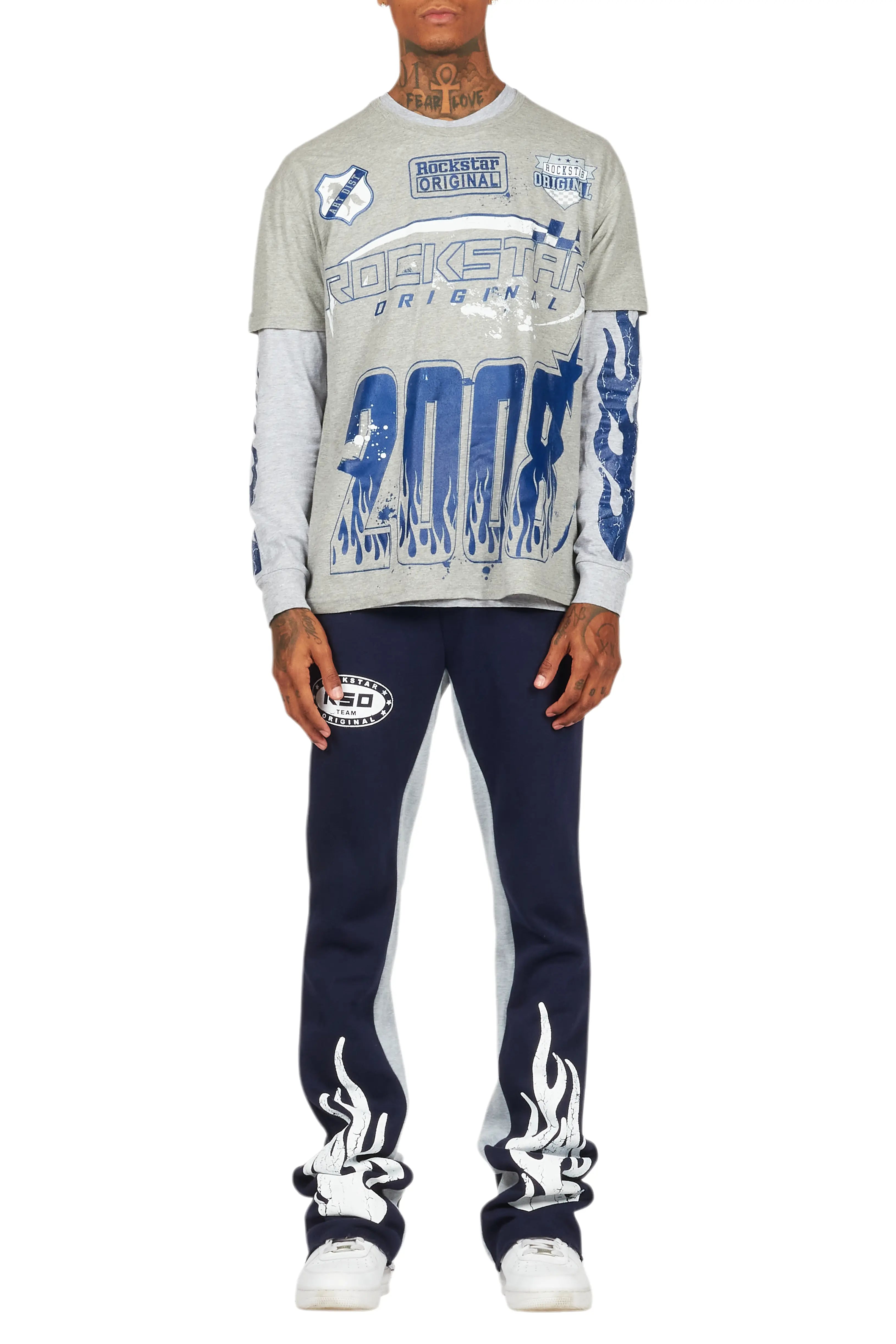 Amos Heather Grey Double Layer T-Shirt/Stacked Baggy Pant Set