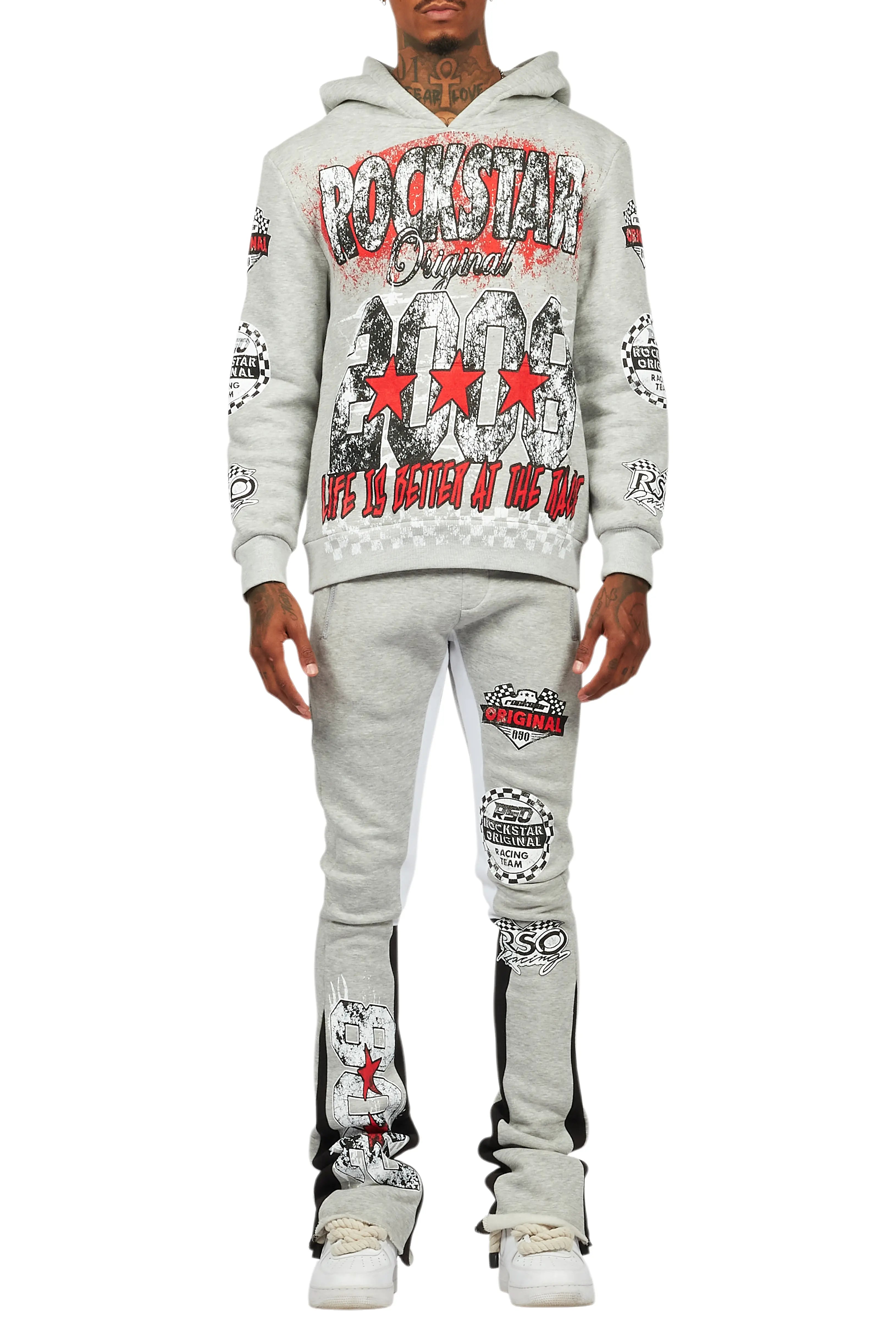 Racing Grung Heather Grey Hoodie/Stacked Flare Track Pant Set