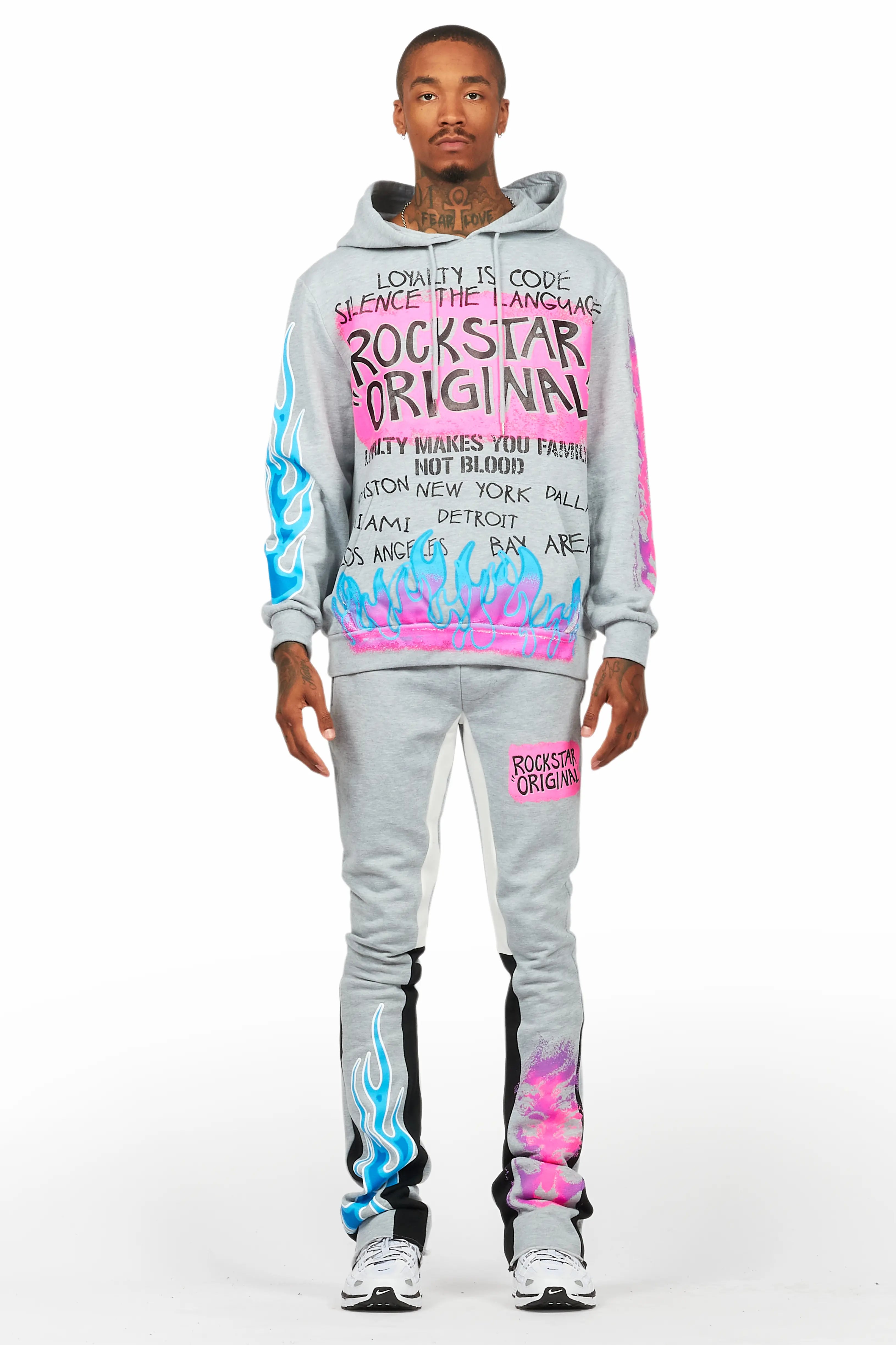 Beno Heather Grey Stacked Flare Hoodie Track Set