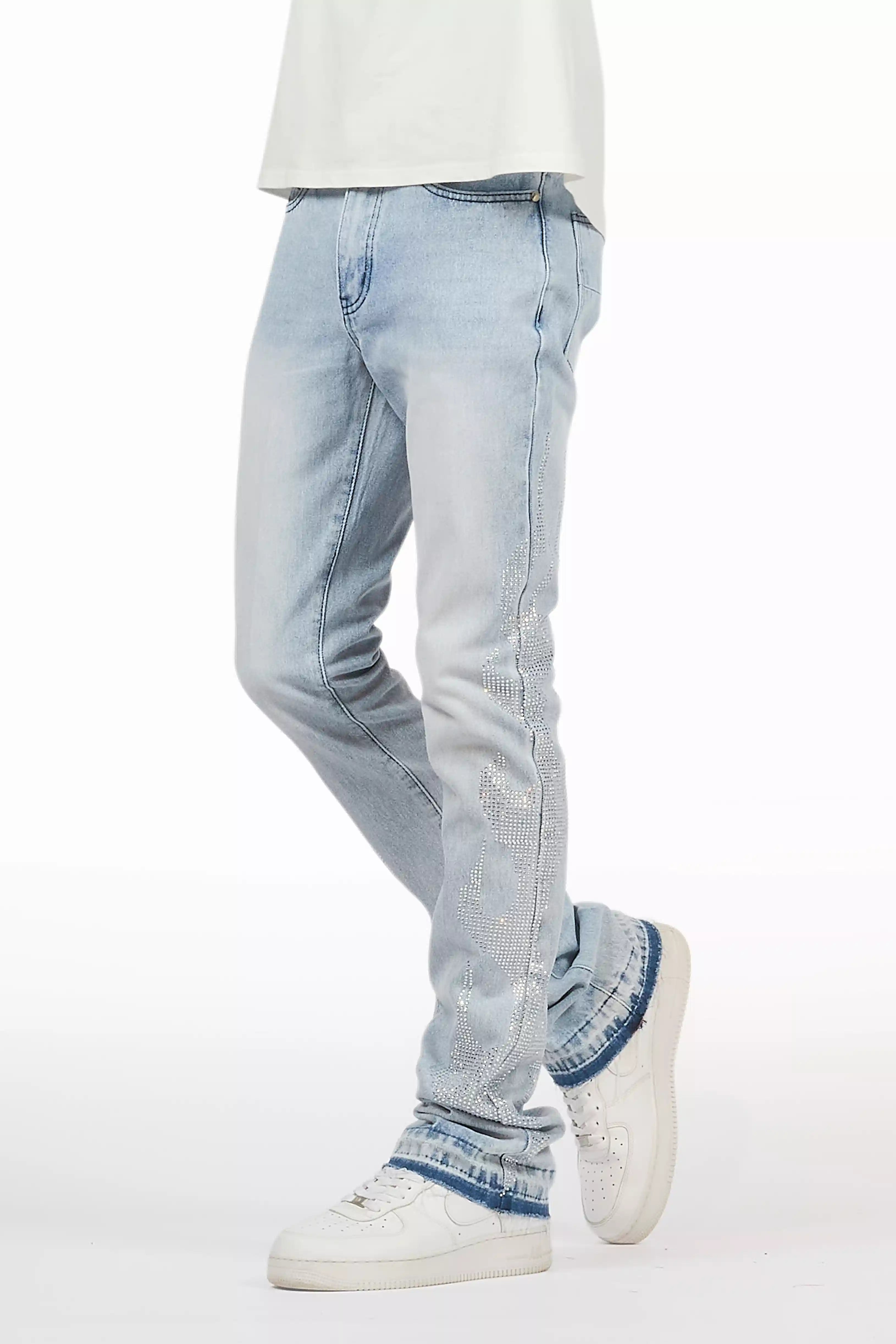 Jian Light Blue Rhinestone Stacked Flare Jean