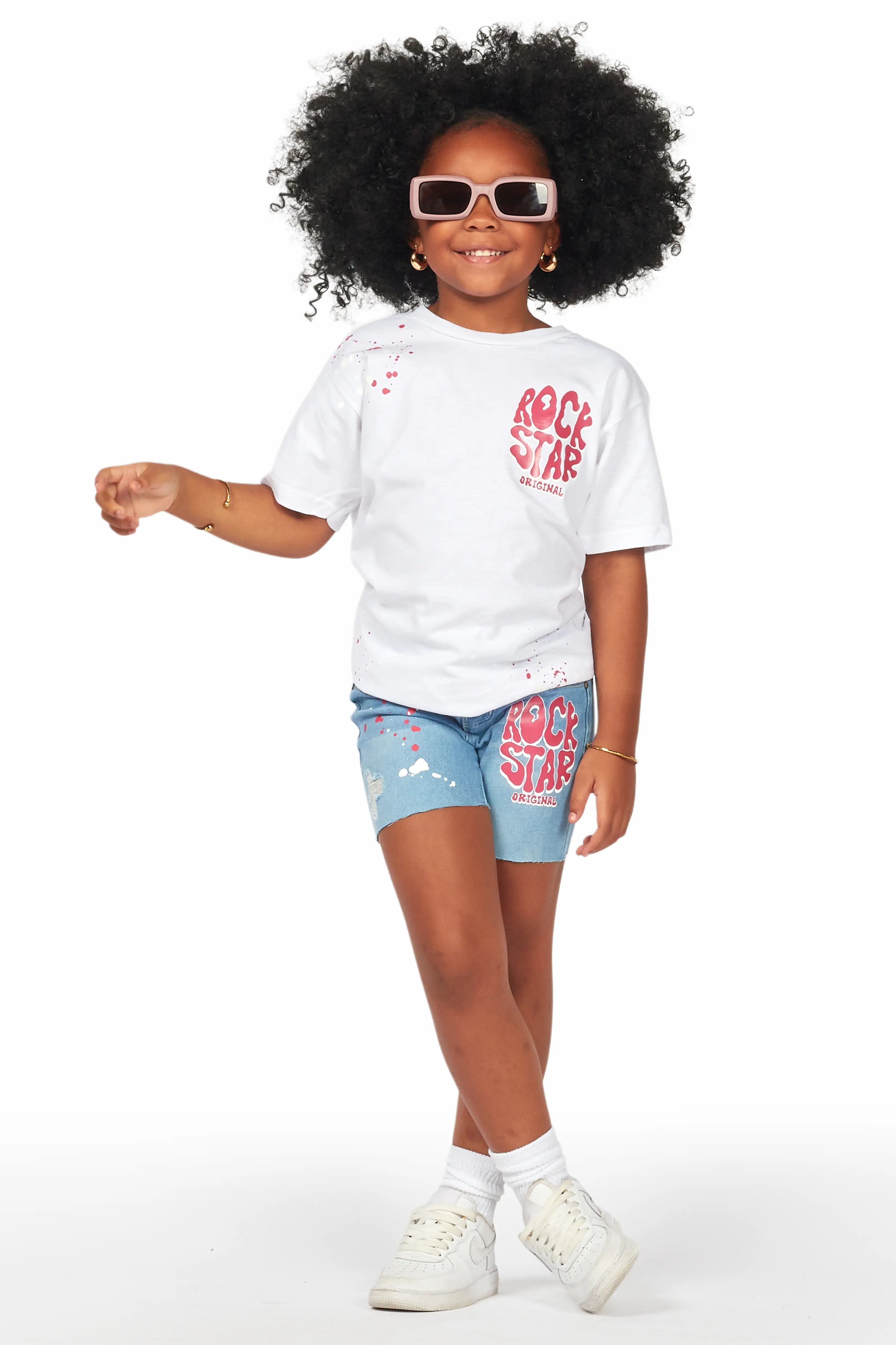 Girls Adrina White/Blue T-Shirt Denim Short Set