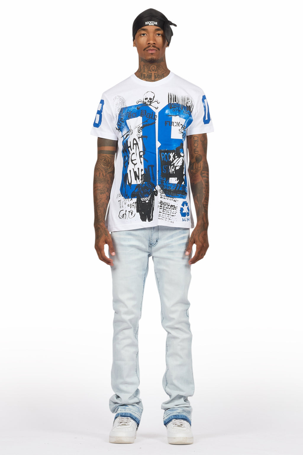Grill White/Blue Oversized Graphic T-Shirt/Dag Stacked Flare Jean Set