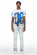 Grill White/Blue Oversized Graphic T-Shirt/Dag Stacked Flare Jean Set