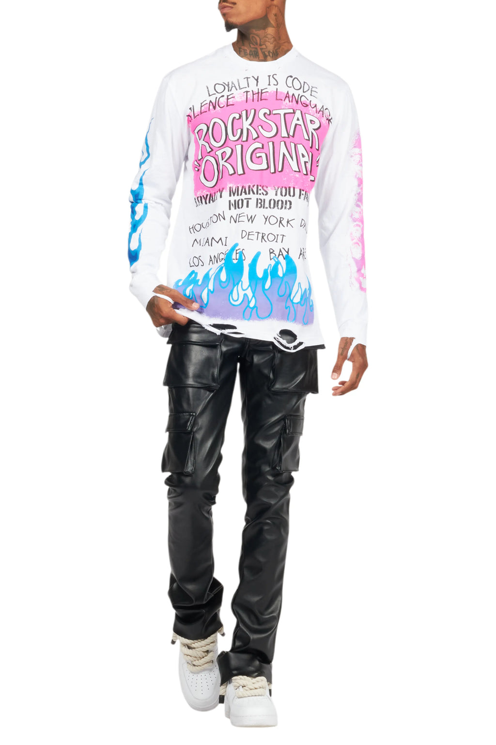 Beno White Long Sleeve Distressed Graphic T-Shirt