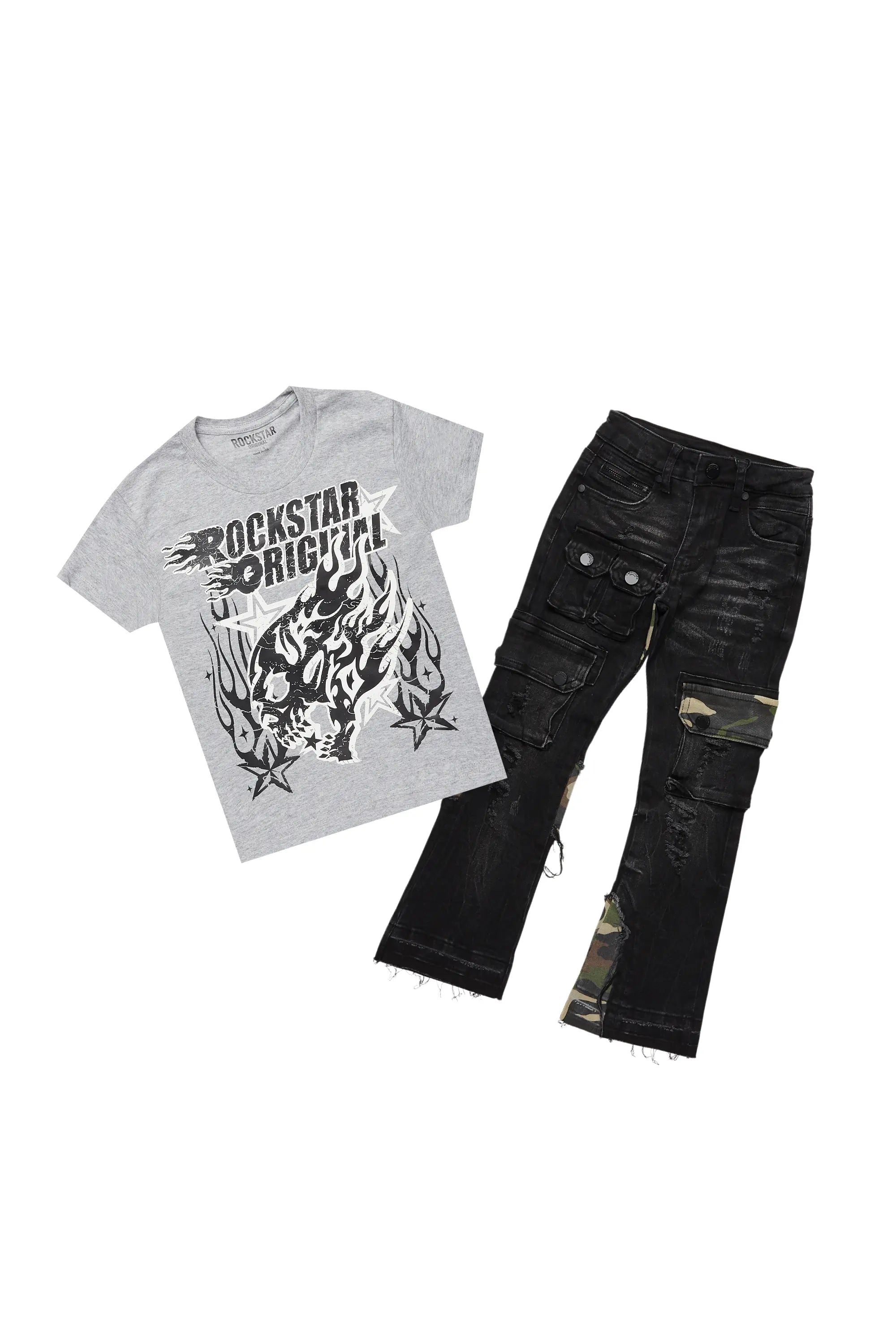 Boys Smitty Heather Grey T-Shirt/Stacked Flare Jean Set