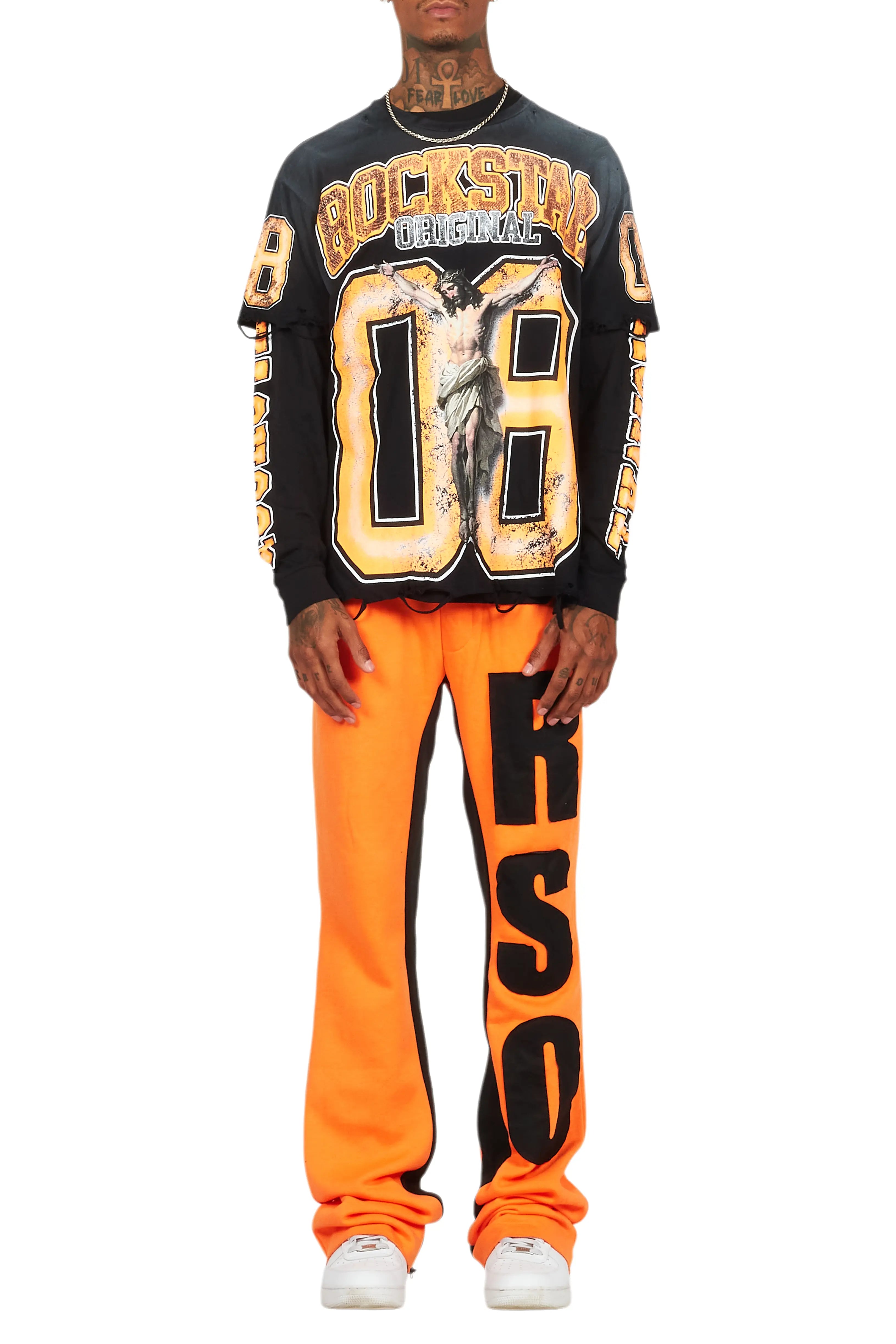 Fields Black/Orange Double Layer T-Shirt/Stacked Baggy Track Set