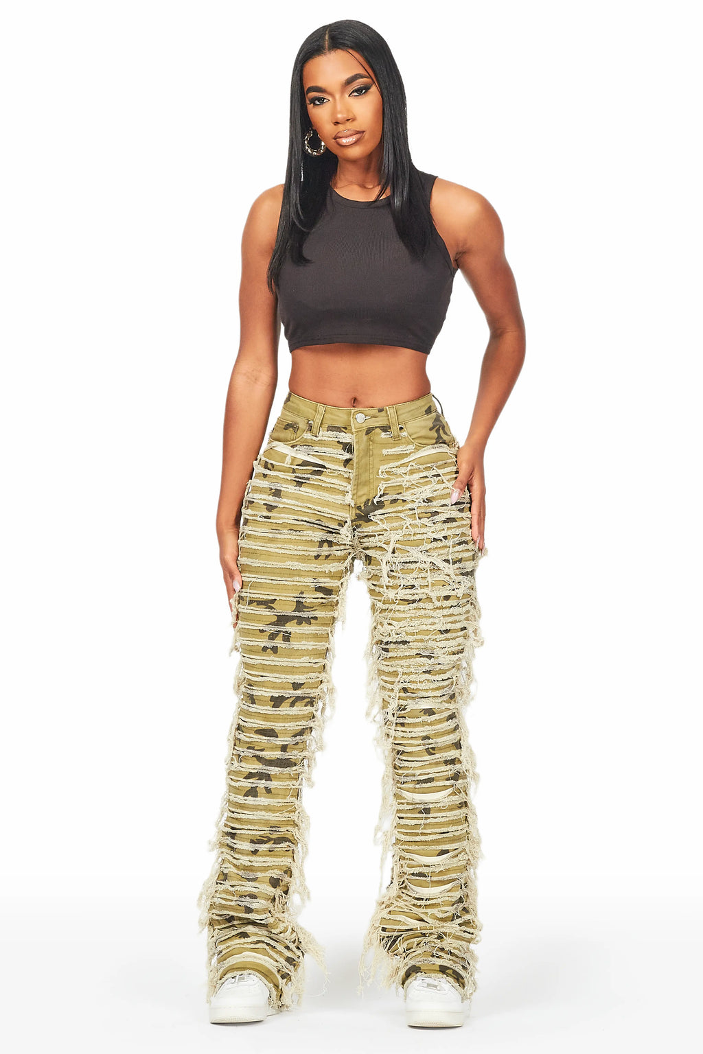 Melany Olive Stacked Flared Jean