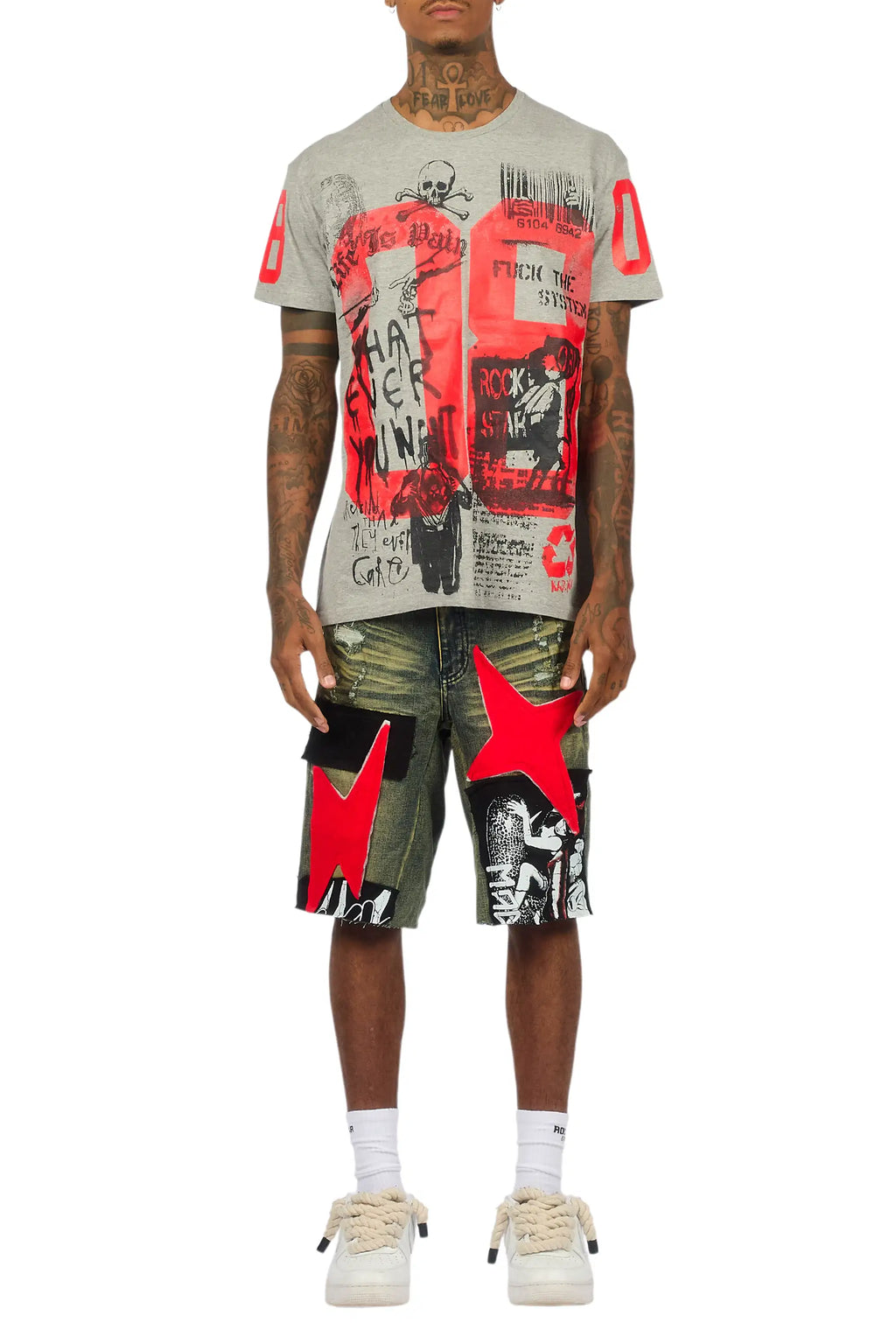 Grill Heather Grey/Red T-Shirt/Denim Short Set