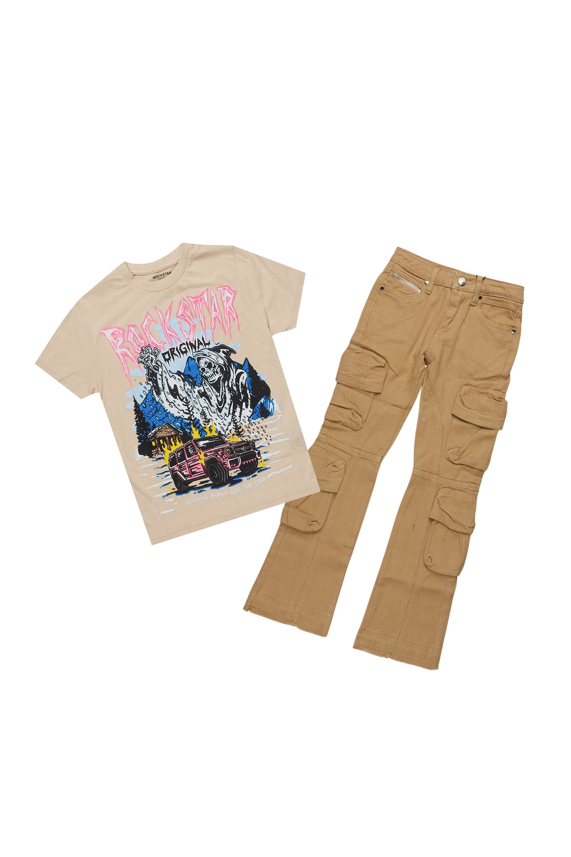 Boys Kip Vintage Sand/Pink T-Shirt/Stacked Flare Jean Set