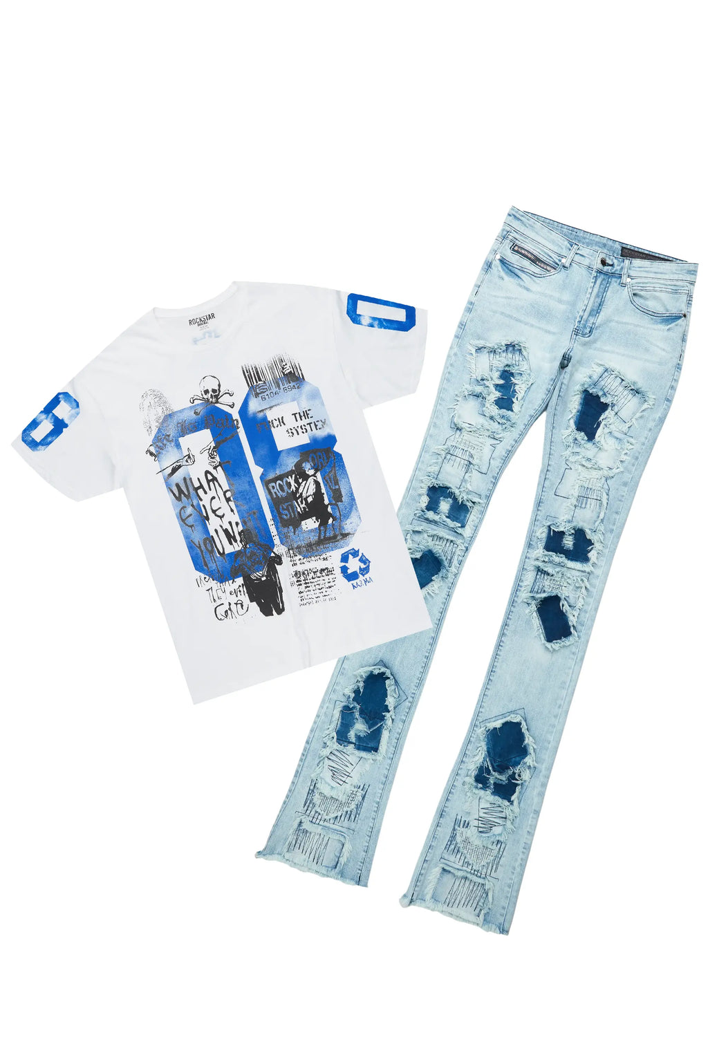 Grill White/Blue Oversized T-Shirt/Super Stacked Flare Jean Bundle
