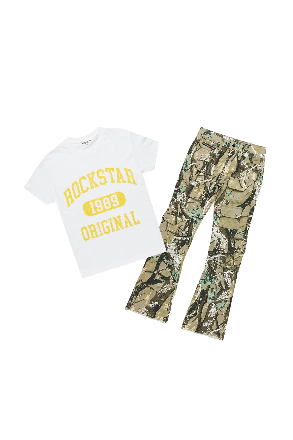 Boys Members White/Tree Camo T-Shirt/Stacked Flare Jean Set