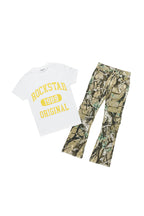 Boys Members White/Tree Camo T-Shirt/Stacked Flare Jean Set