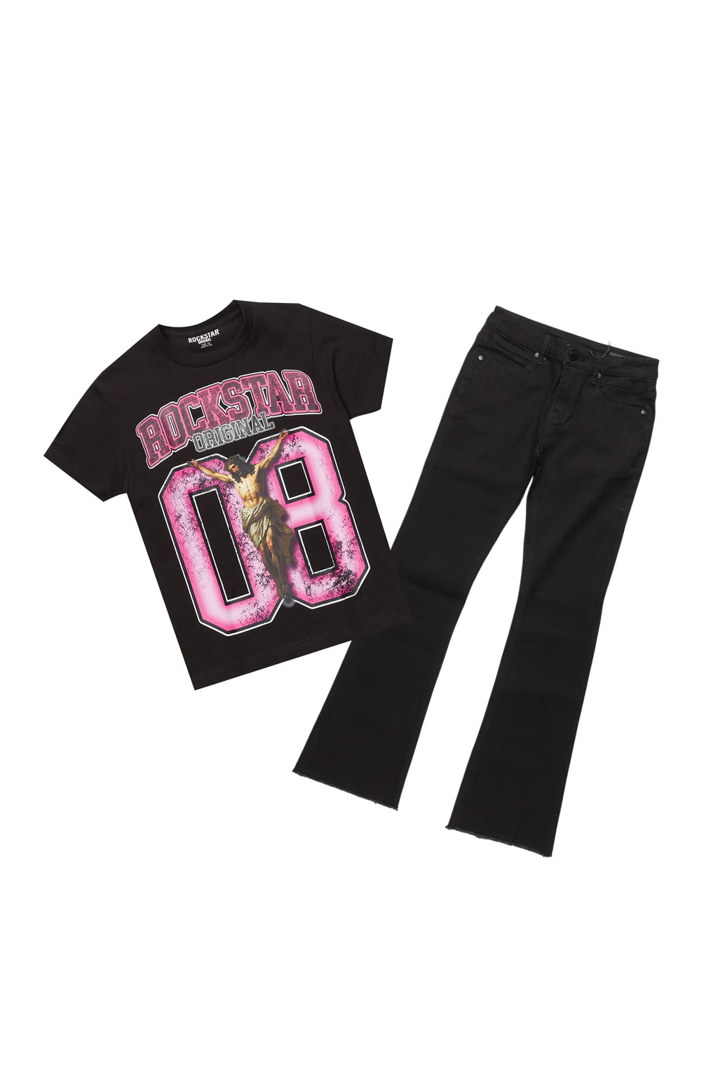 Boys Fields Black/Pink T-Shirt/Stacked Flare Jean Set