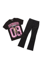Boys Fields Black/Pink T-Shirt/Stacked Flare Jean Set