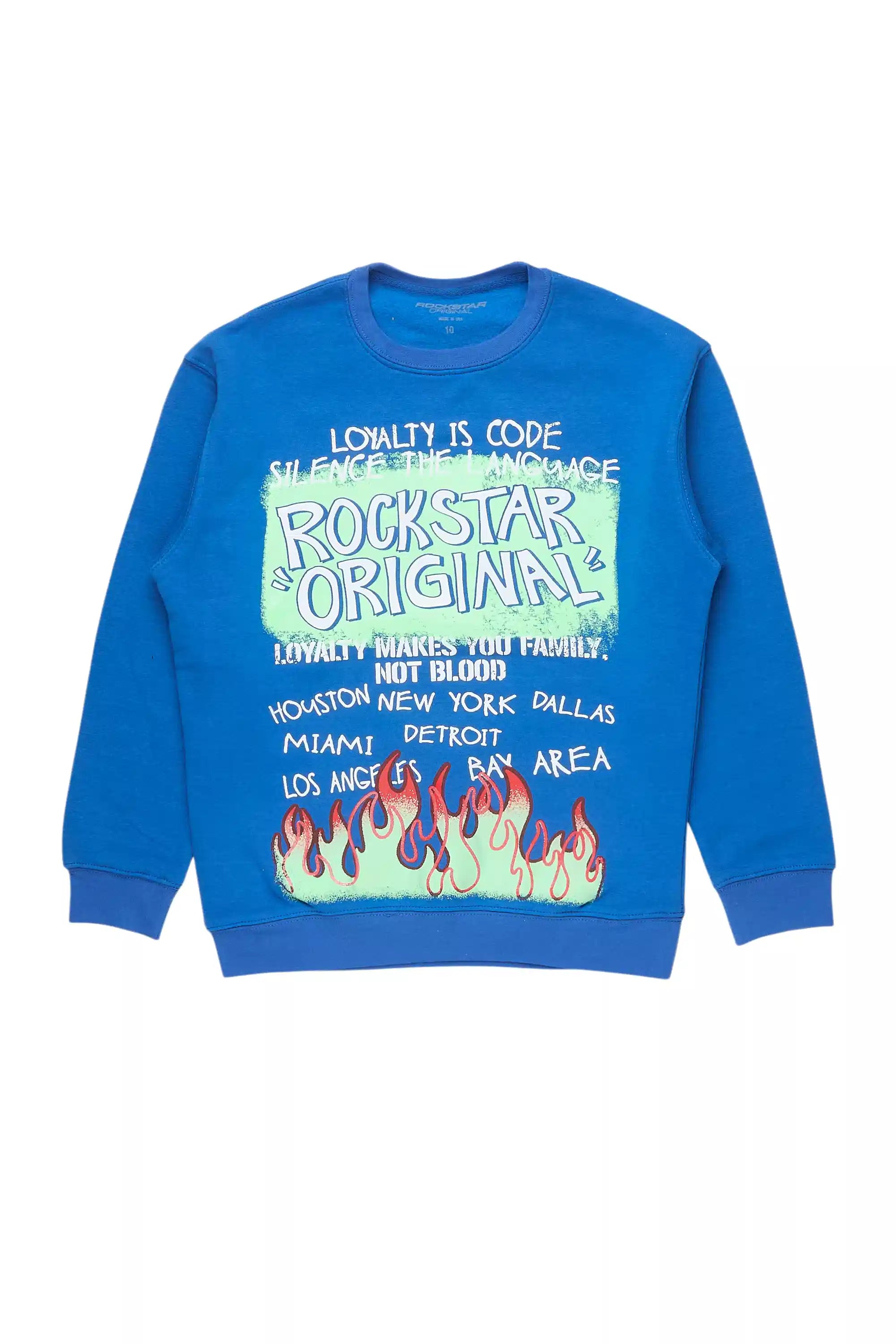 Boys Beno Royal Blue/Green Graphic Crewneck