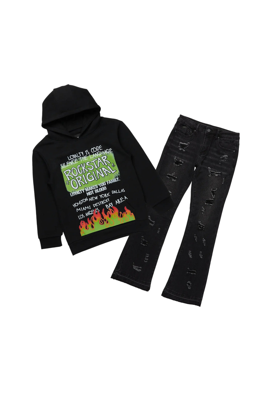 Boys Beno Black Hoodie/Stacked Flare Jean Set