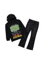 Boys Beno Black Hoodie/Stacked Flare Jean Set