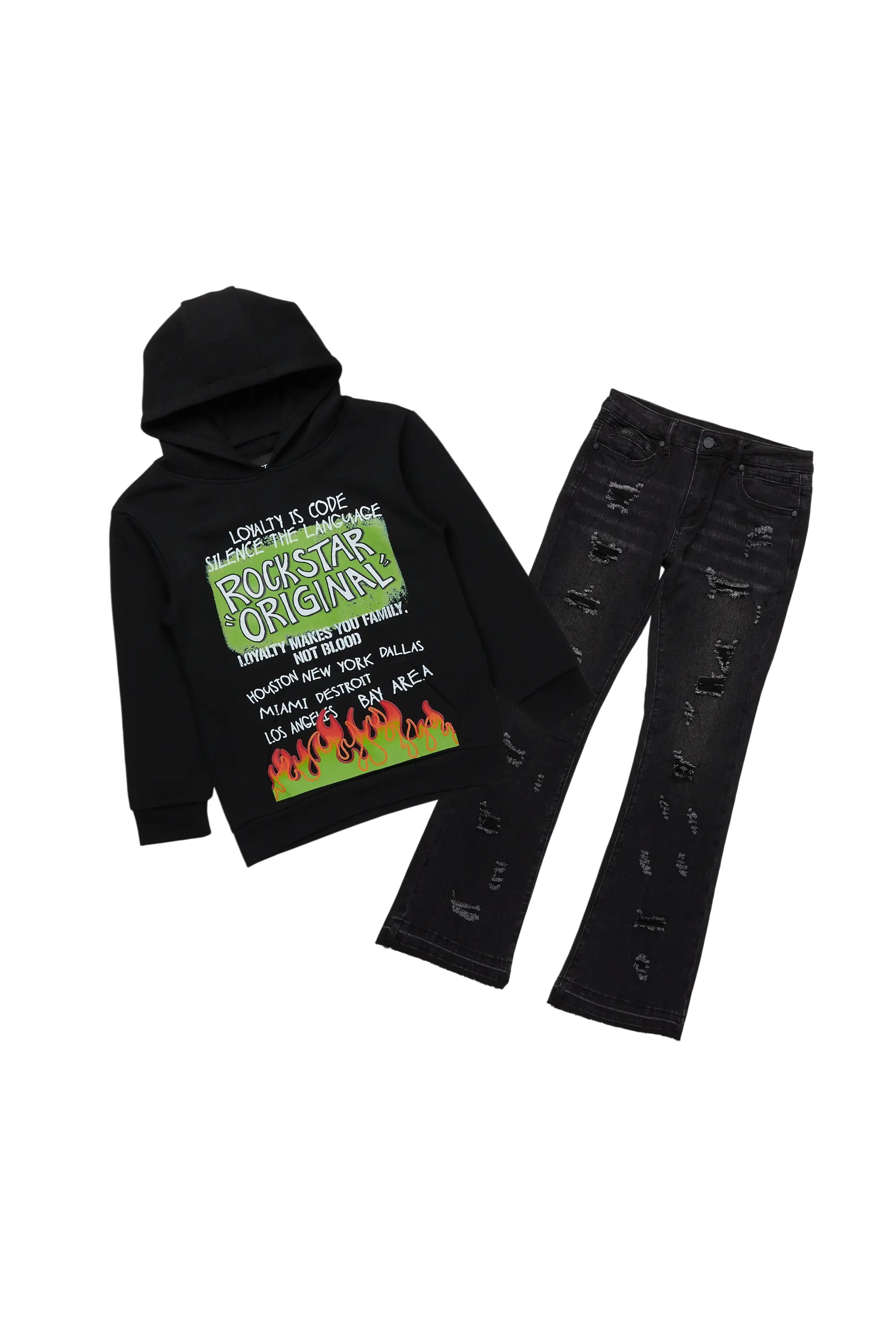 Boys Beno Black Hoodie/Stacked Flare Jean Set