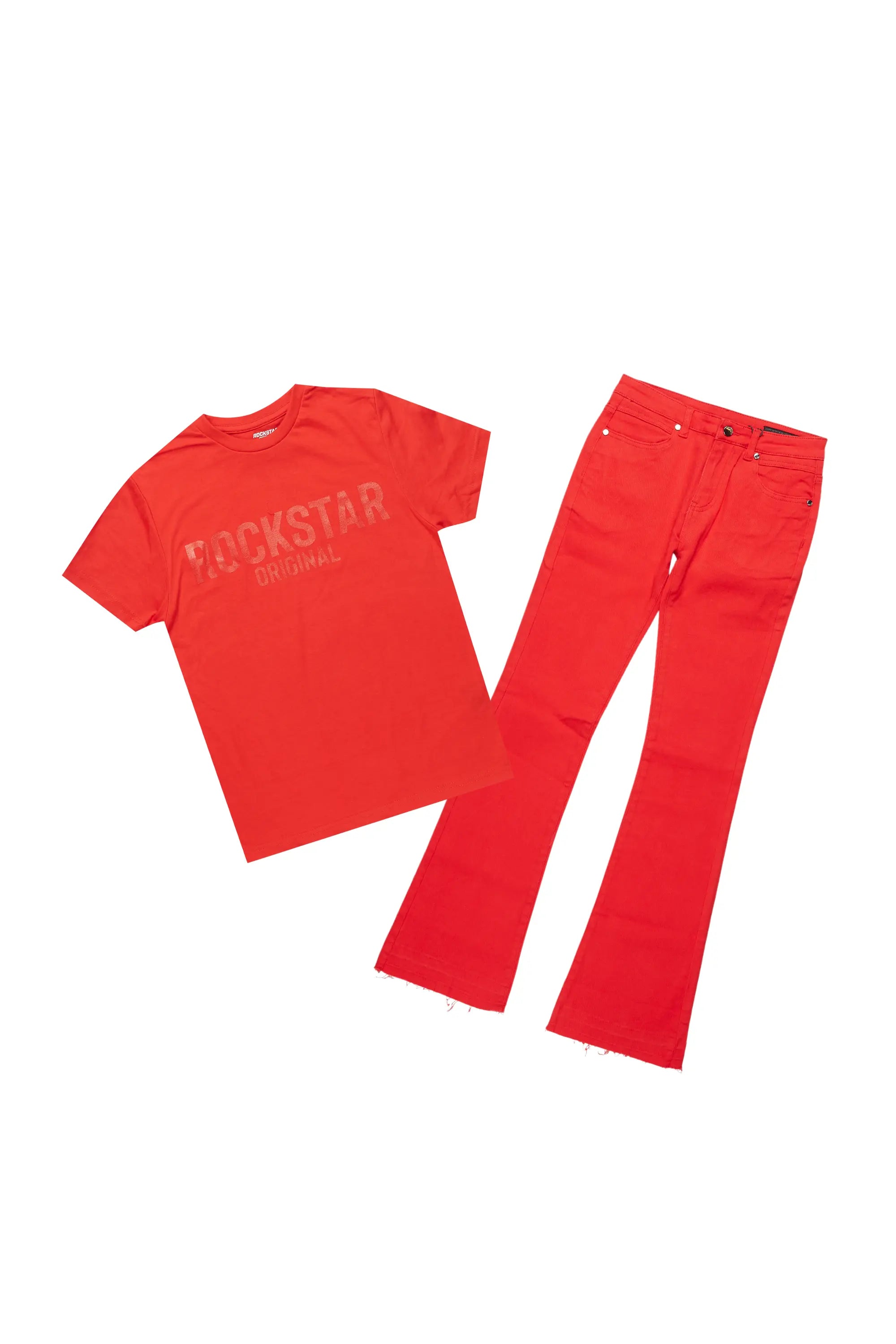 Boys Sana Red T-Shirt/Dag Stacked Flare Jean Set