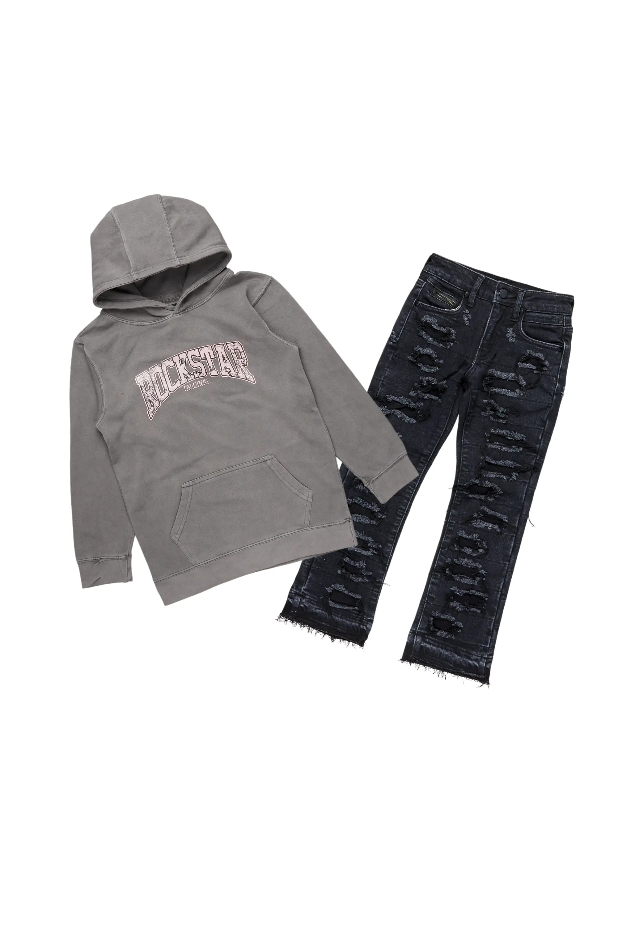 Girls Madesh Vintage Grey Hoodie/Stacked Flare Jean Set