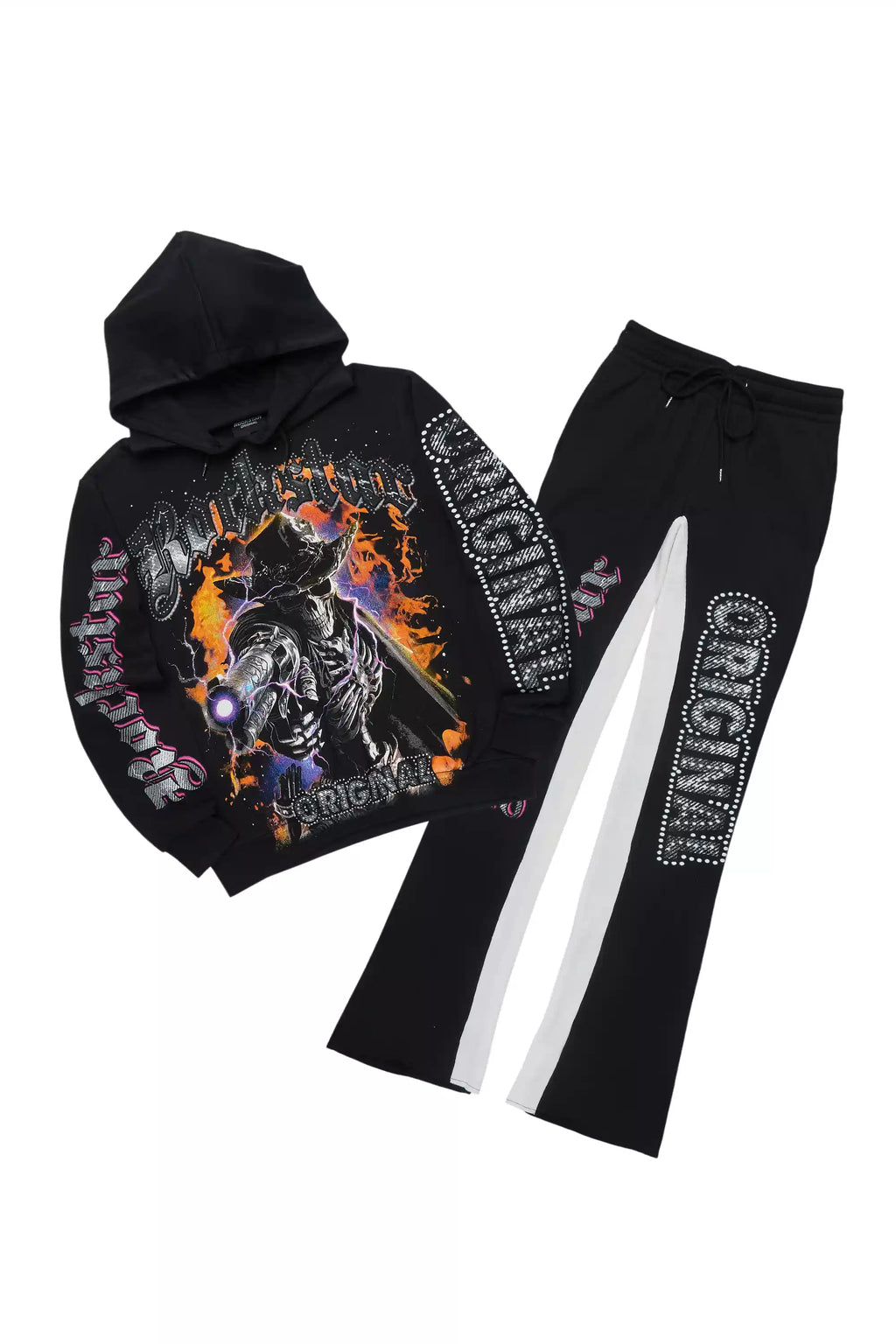 Bixner Black/Multi Hoodie/Baggy Stacked Track Pant Set