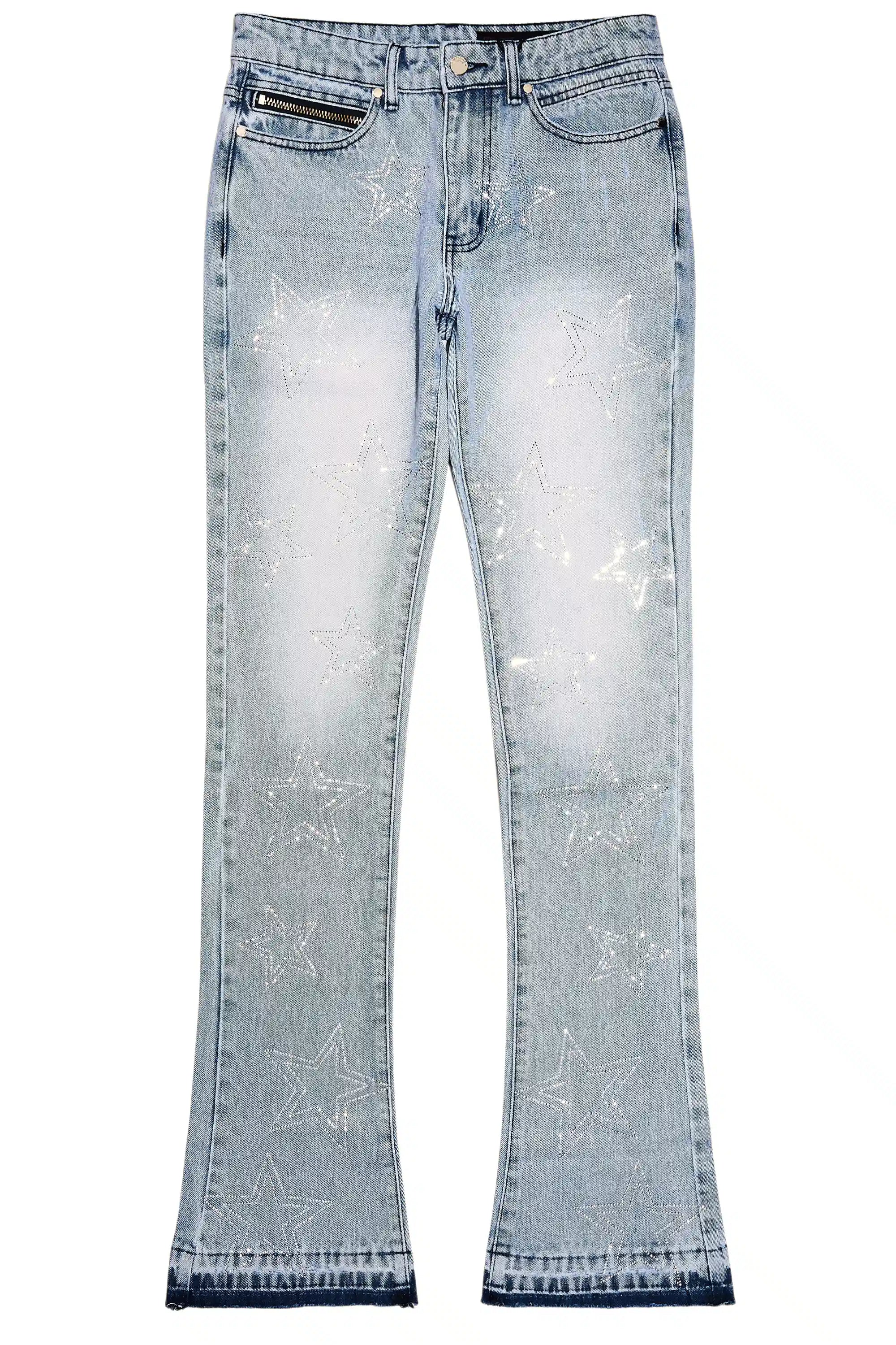 Kama Light Blue Rhinestone Stacked Flare Jean