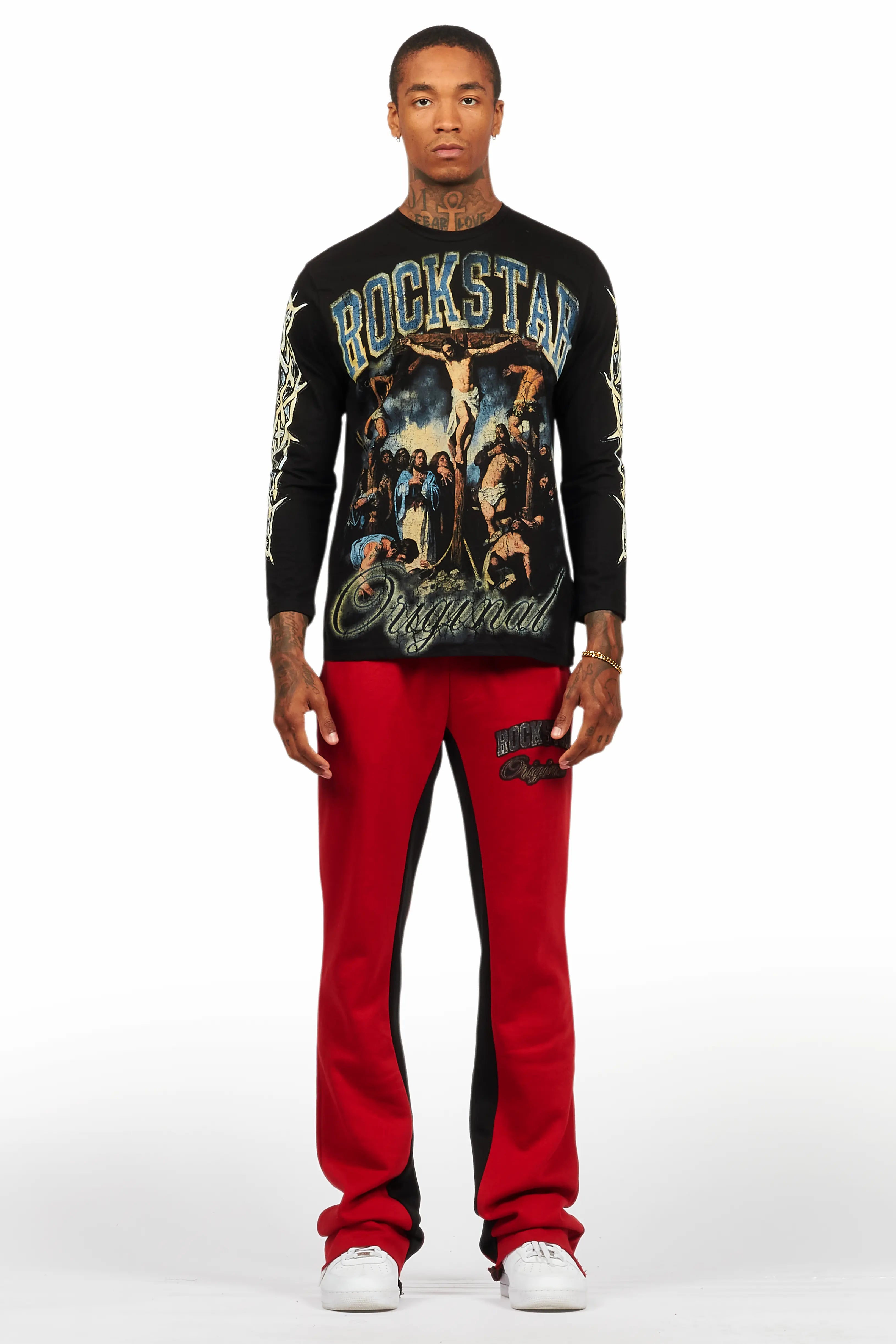 Waller Black/Burgundy Long Sleeve T-Shirt/Baggy Pant Set