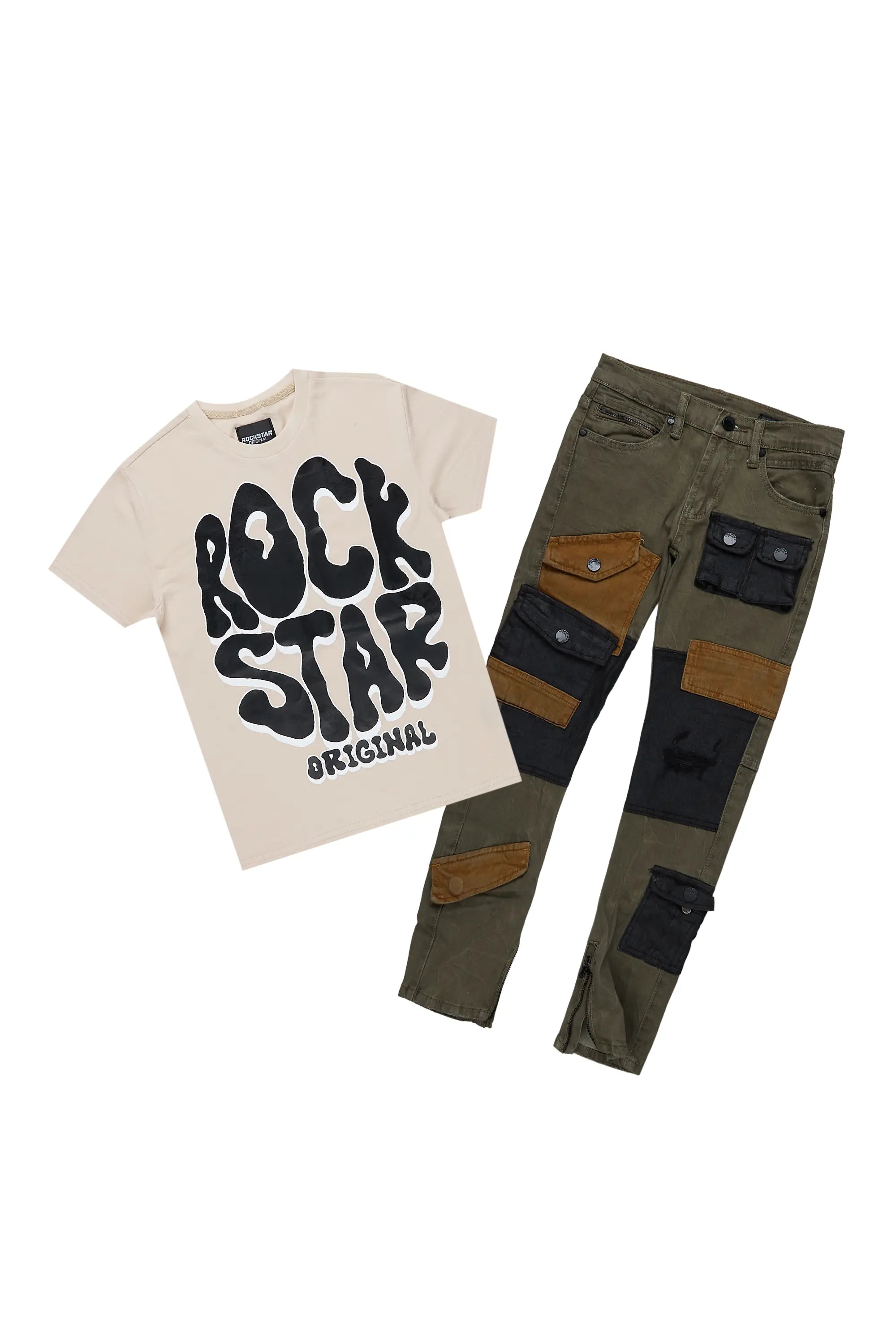 Boys Ward Beige T-Shirt/Patch Cargo Jean