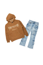Boys Andros Brown/Light Blue Mohair Hoodie/Stacked Flare Jean Set