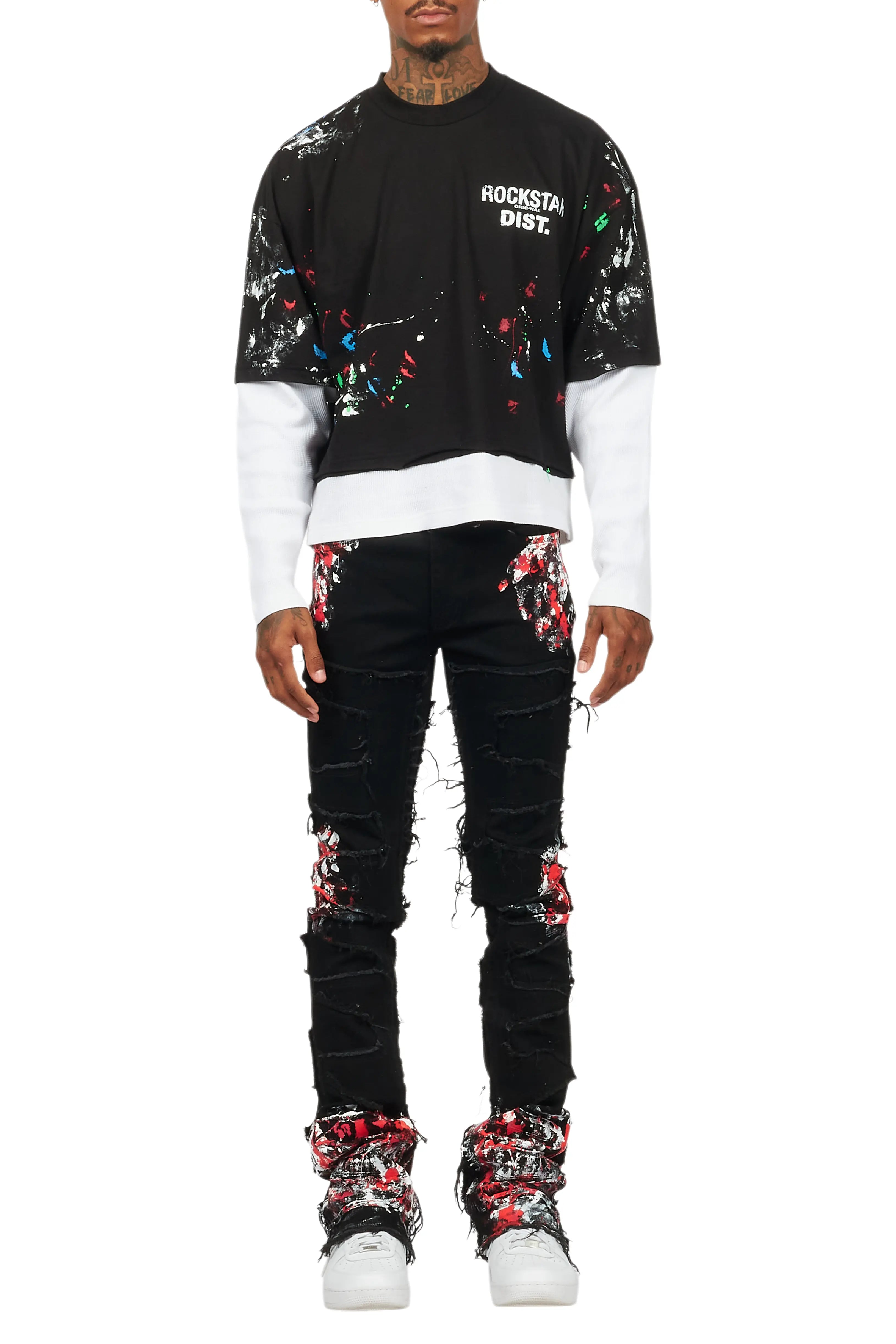 Kodak Black/Red Painter Stacked Flare Fringe Jean