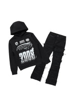 Boys Amos Black Distressed Hoodie/Stacked Flare Jean Set
