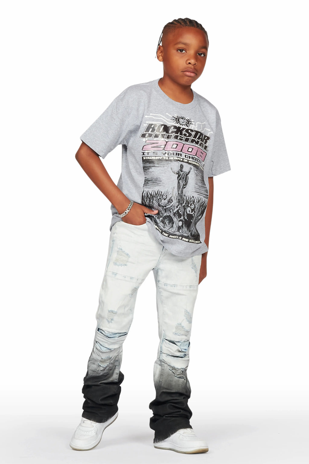 Boys Rachit Grey T-Shirt/Stacked Flare Jean Set