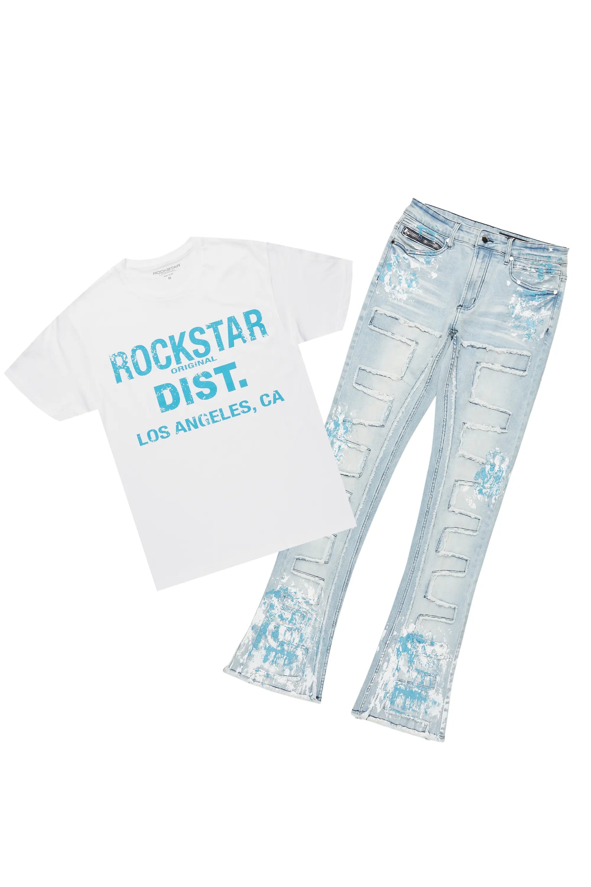 Saxon White/Blue T-Shirt/Stacked Flare Jean Set