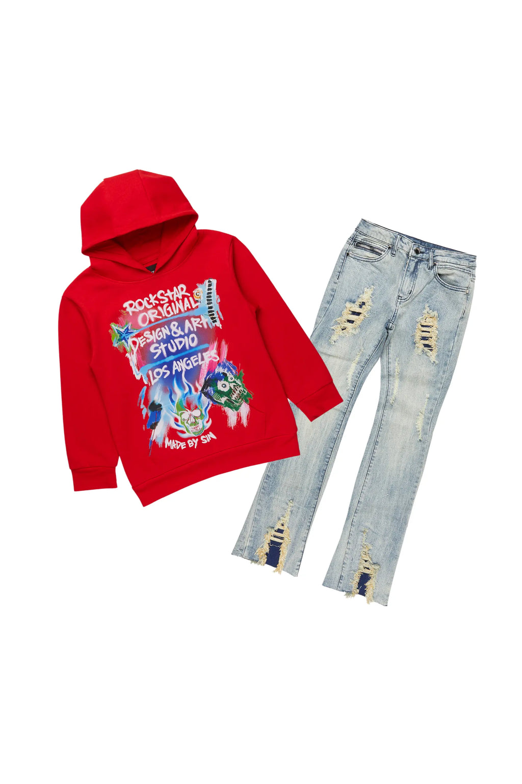 Boys Soweto Red Hoodie/Stacked Flare Jean Set