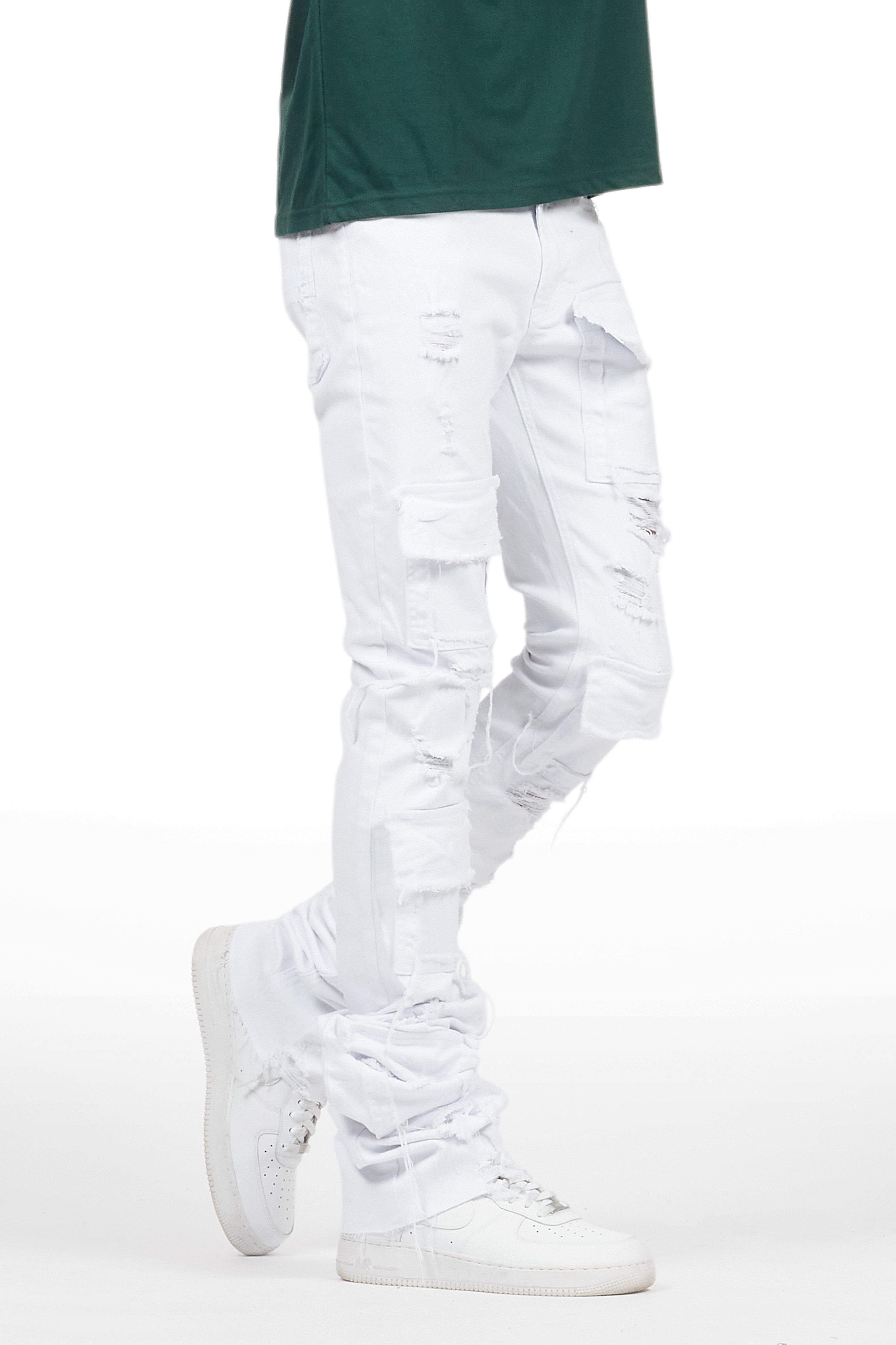 Pooja White Super Stacked Flare Jean