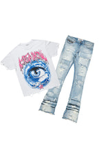 Pello White/Blue Oversized T-Shirt/Super Stacked Flare Jean Bundle