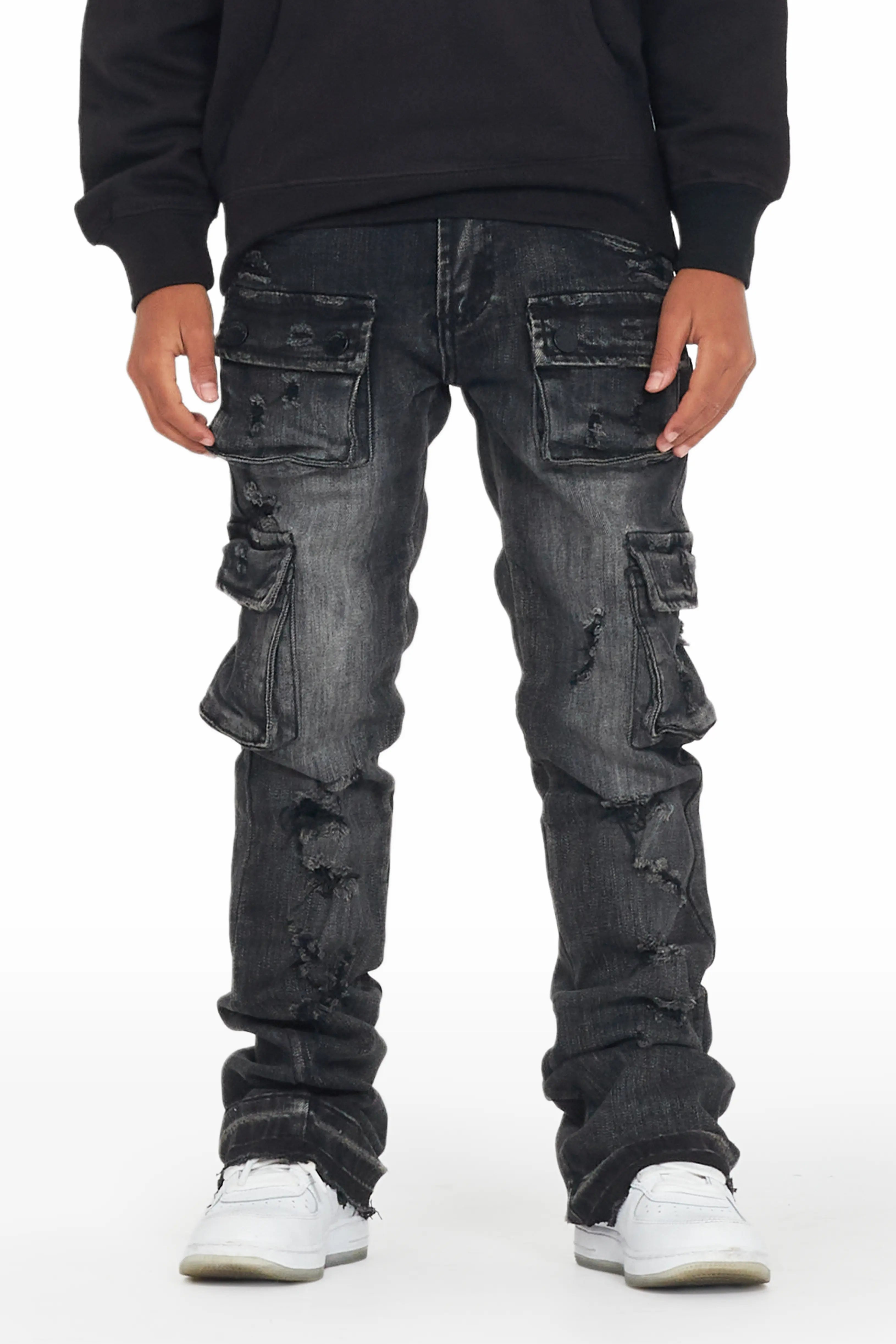 Boys Zaire Grey Cargo Super Stacked Flare Jean