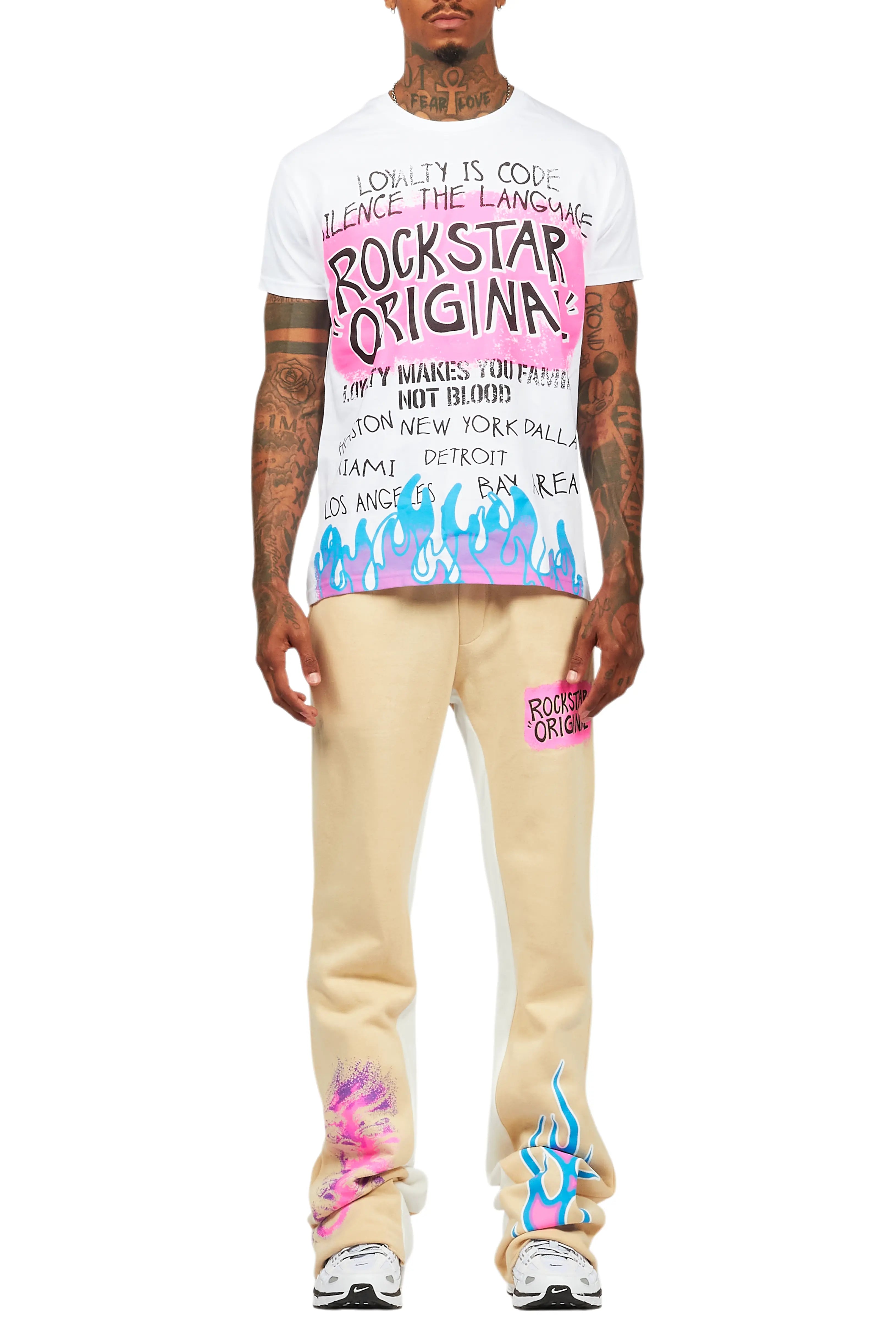 Beno White/Beige T-Shirt/Baggy Stacked Pant Set