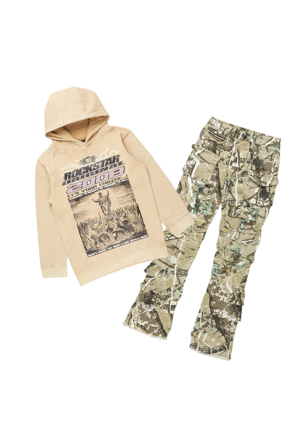 Boys Luxton Vintage Beige/Tree Camo Hoodie/Stacked Flare Jean Set