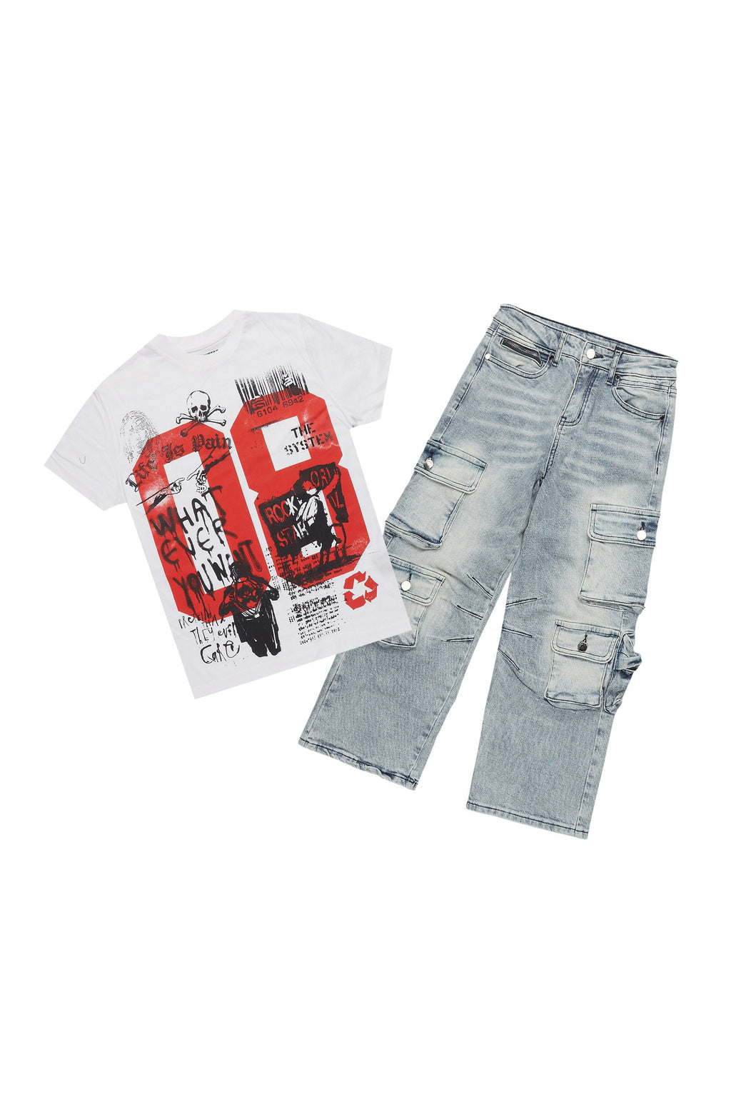 Boys Beau White/Red T-Shirt/Stacked Flare Cargo Jean Set