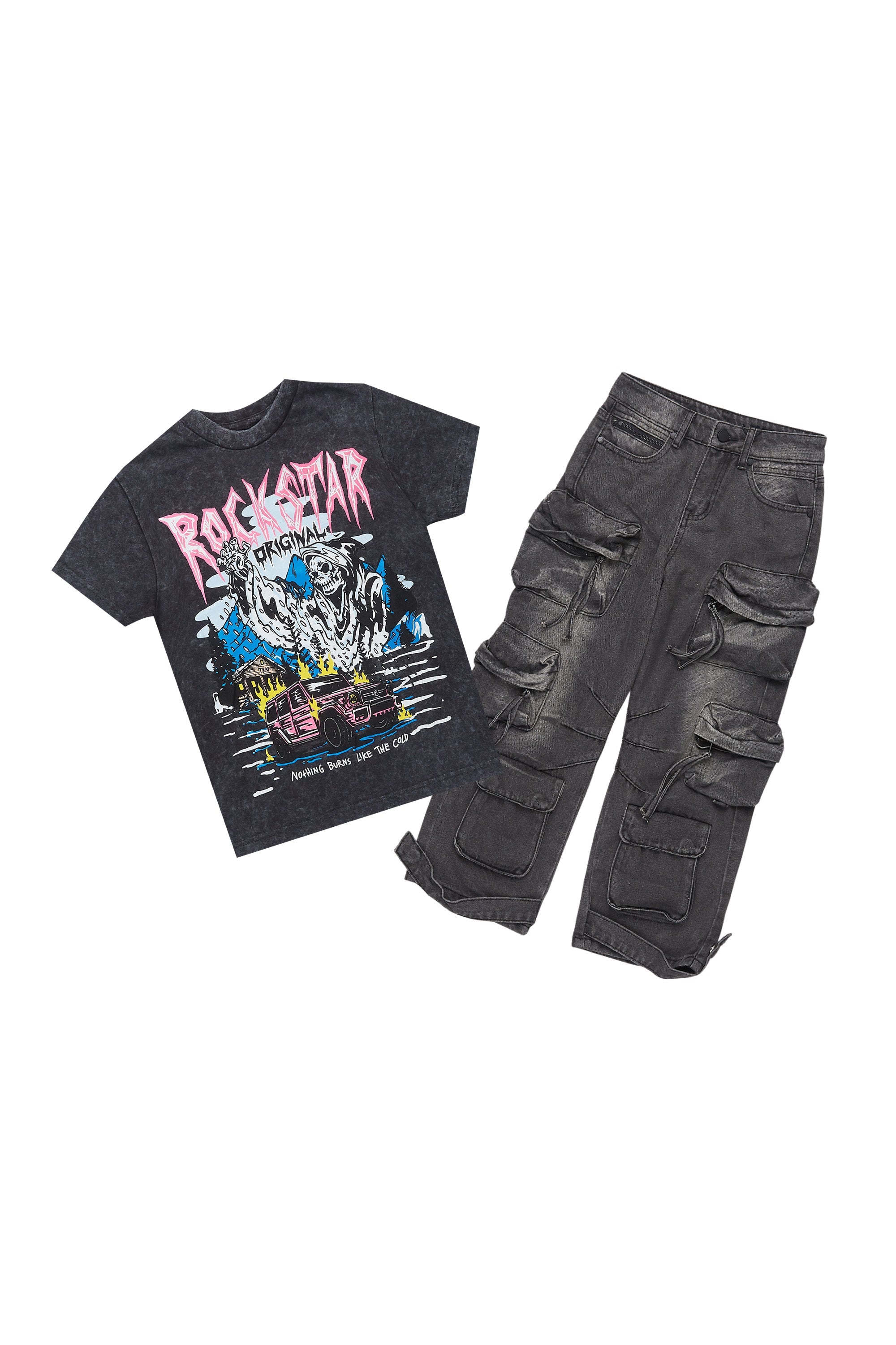 Boys Kip Vintage Black/Fuchsia T-Shirt/Stacked Flare Jean Set