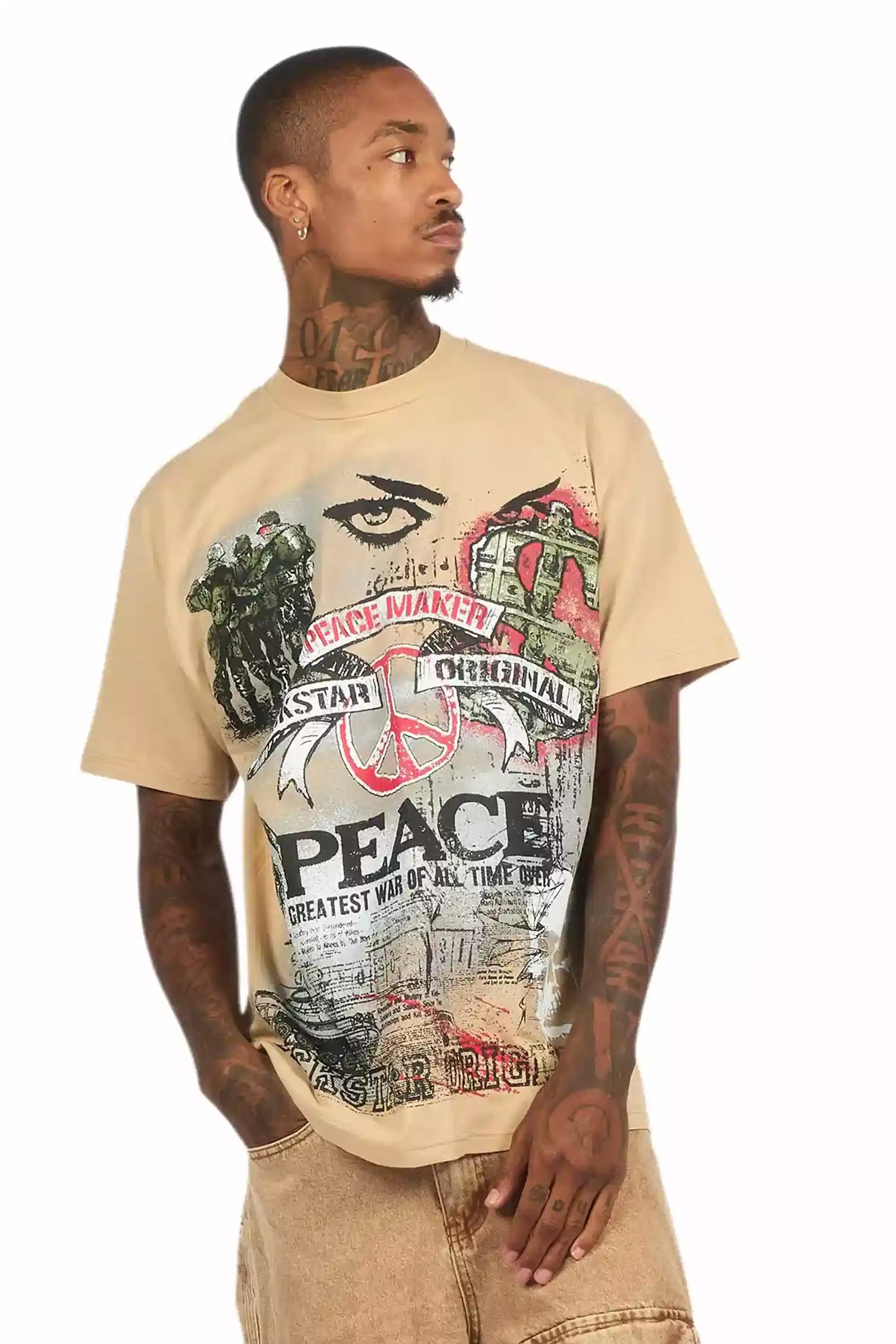 Saeko Beige Oversized Graphic T-Shirt