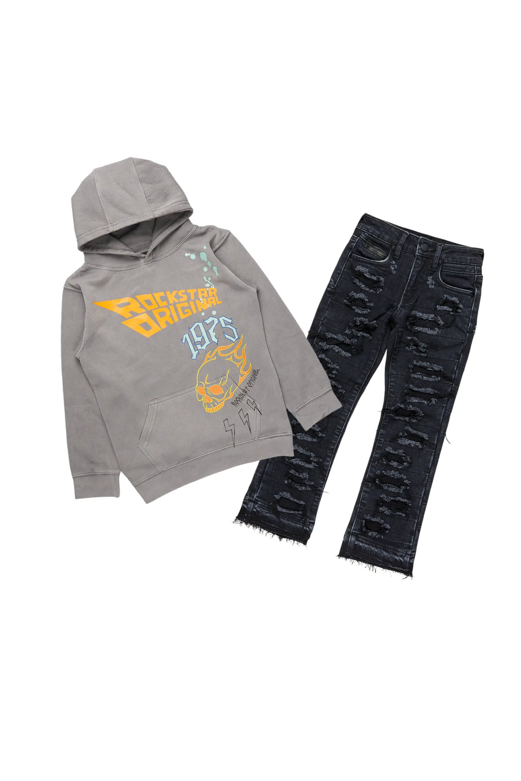 Boys Daley Vintage Grey Hoodie/Stacked Flare Jean Set