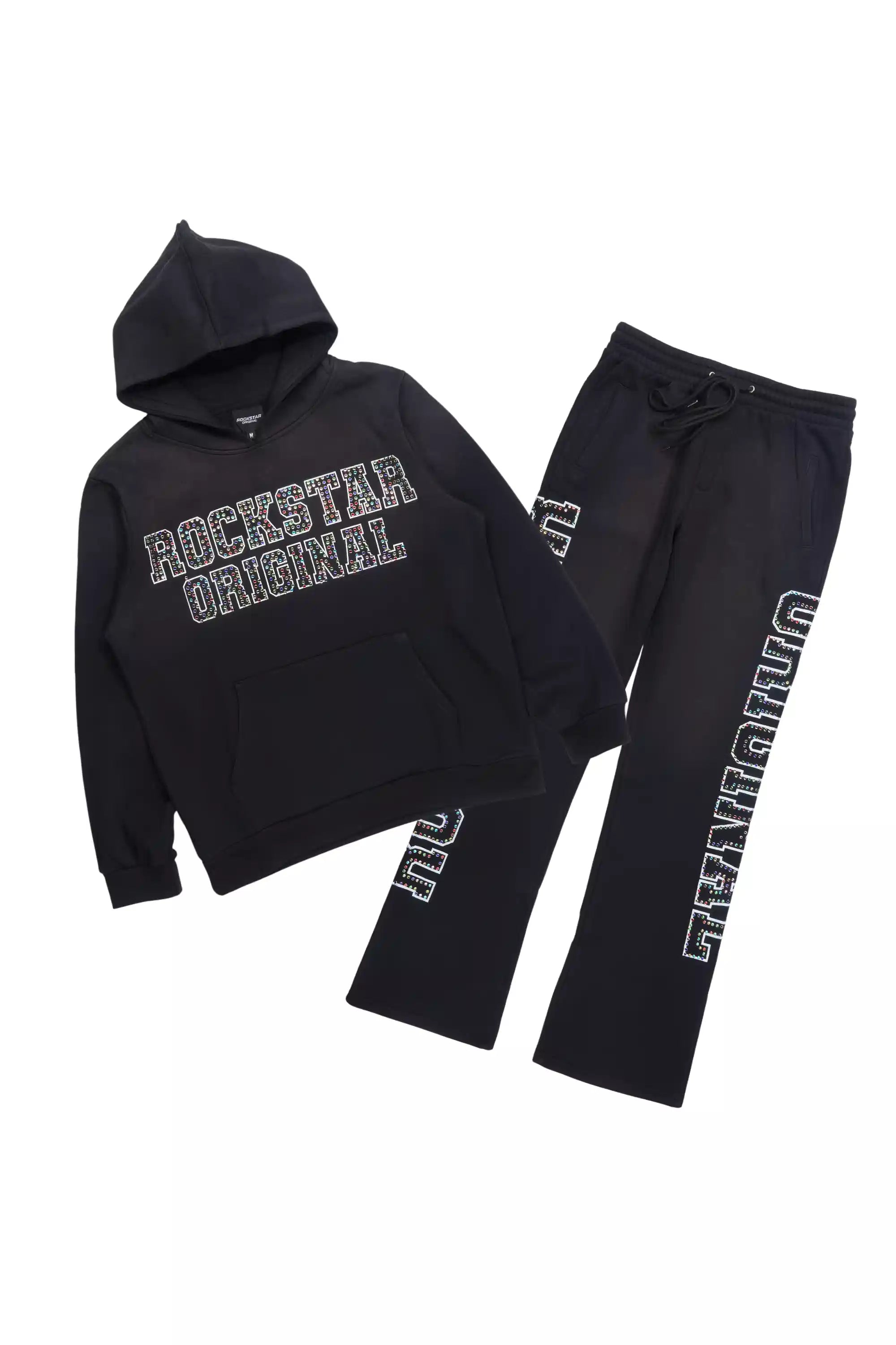Ustin Black Rhinestone Hoodie Relaxed Track Set